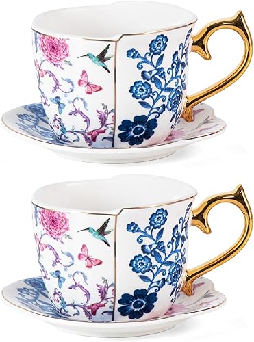 Miniatura 17 de KAMMAK Juego de 2 tazas de té y platillos, tazas de café de porcelana, tazas de expreso apilables de 6.8 onzas, demitaza de cerámica para café, café
