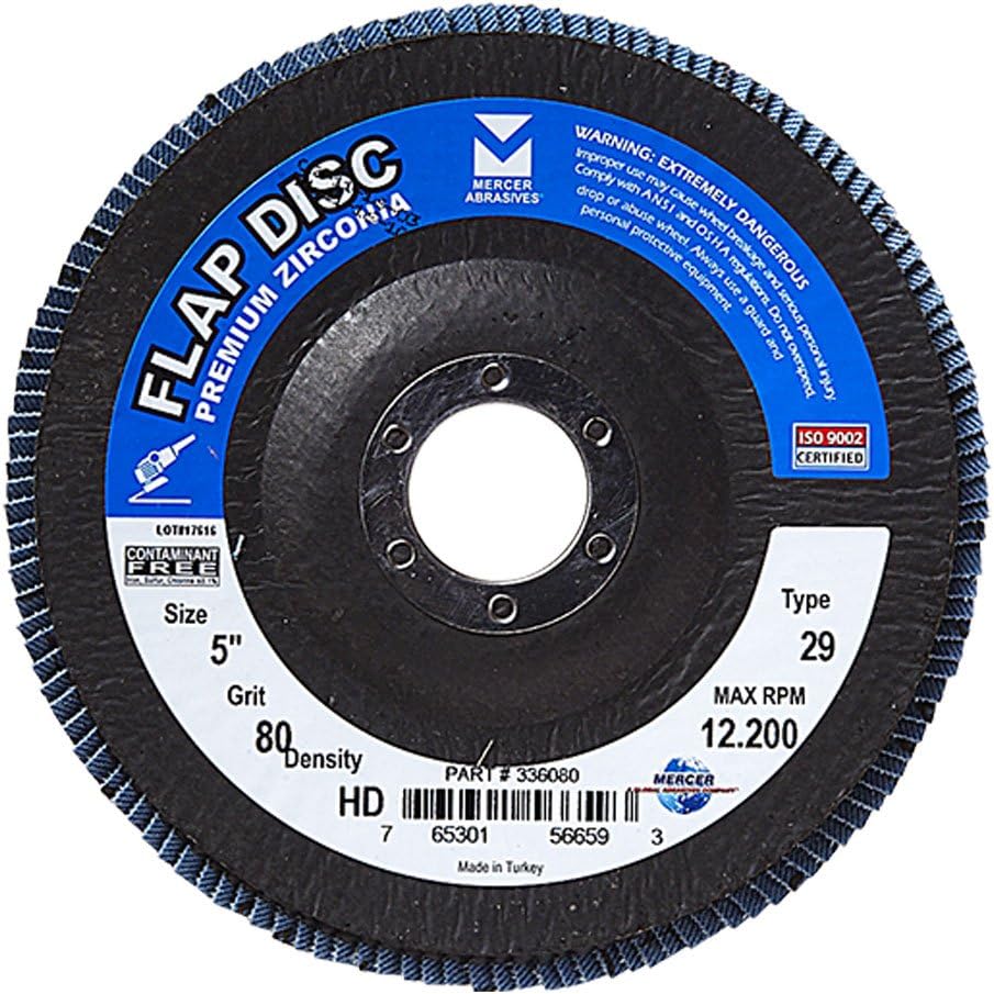 Mercer Industries 336080 Zirconia Flap Disc, High Density, Type 29, 5 x 7/8, Grit 80, 10 Pack
