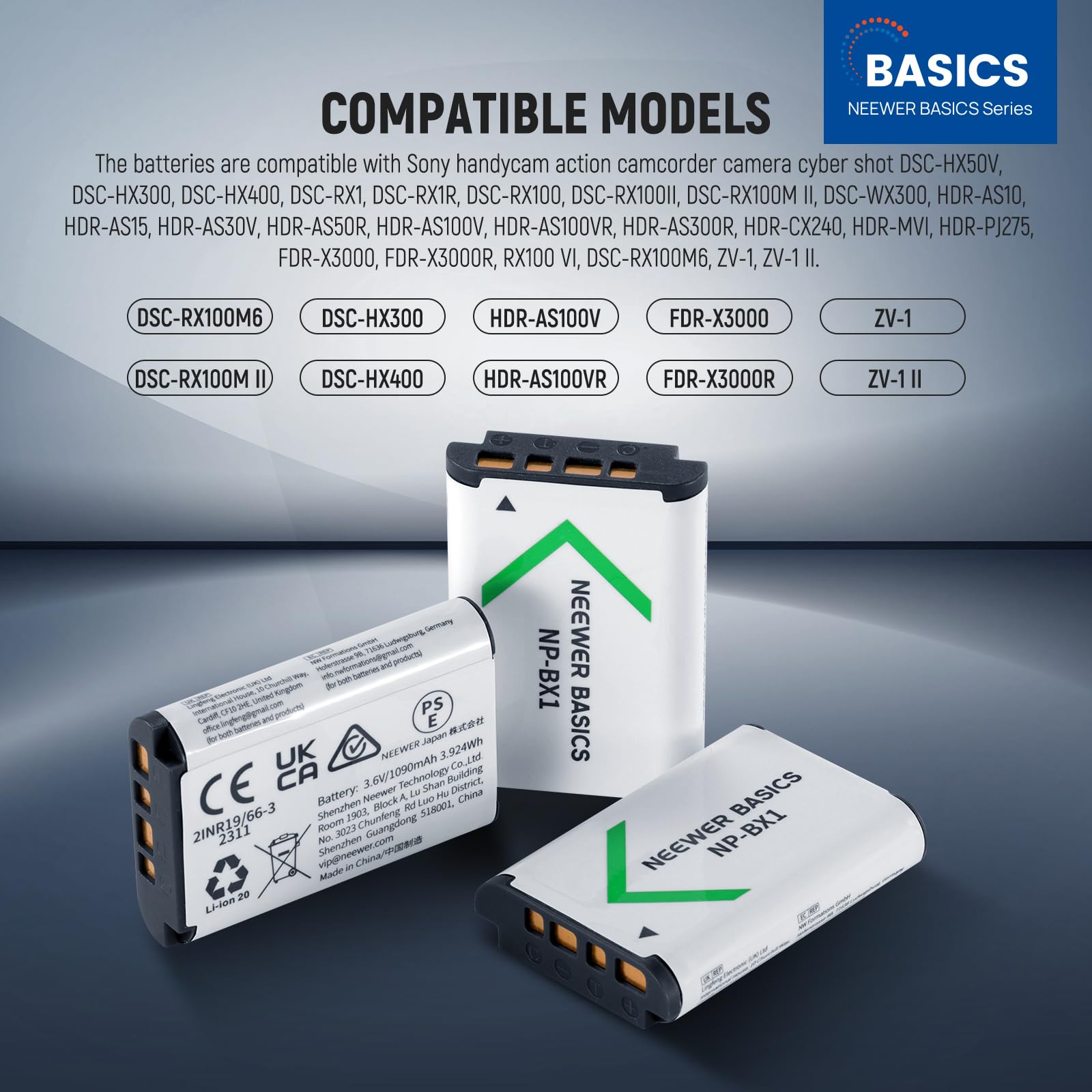 NEEWER Basics PCS de 3 Batteries de Rechange NP-BX1 avec Triple Chargeur USB,Alimentation de Secours Camera 1090 mAh pour Sony ZV1 ZV-1 II Cybershot RX100 RX100II RX100M II HDR-AS15 HDR-AS30