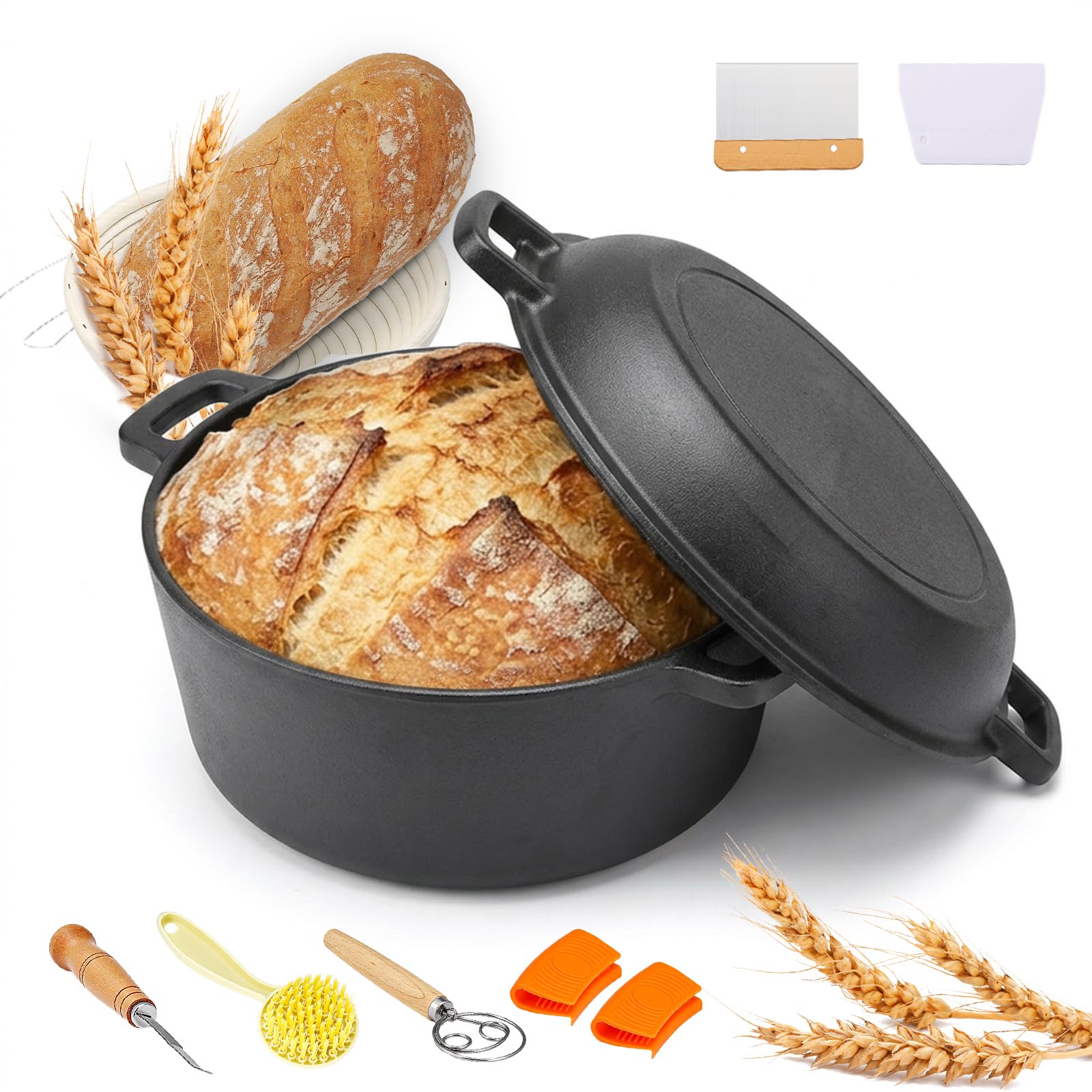 Gusseisen Dutch Oven Brotbacktopf Set 17-teilig 26cm|Vorgereizt & Sofort Einsatzbereit|Deckel als Pfanne & Schmortopf | Gärkorb Teigschaber Rezeptbuch | Induktion Gas Ofen für Brot, Steak & Schmoren