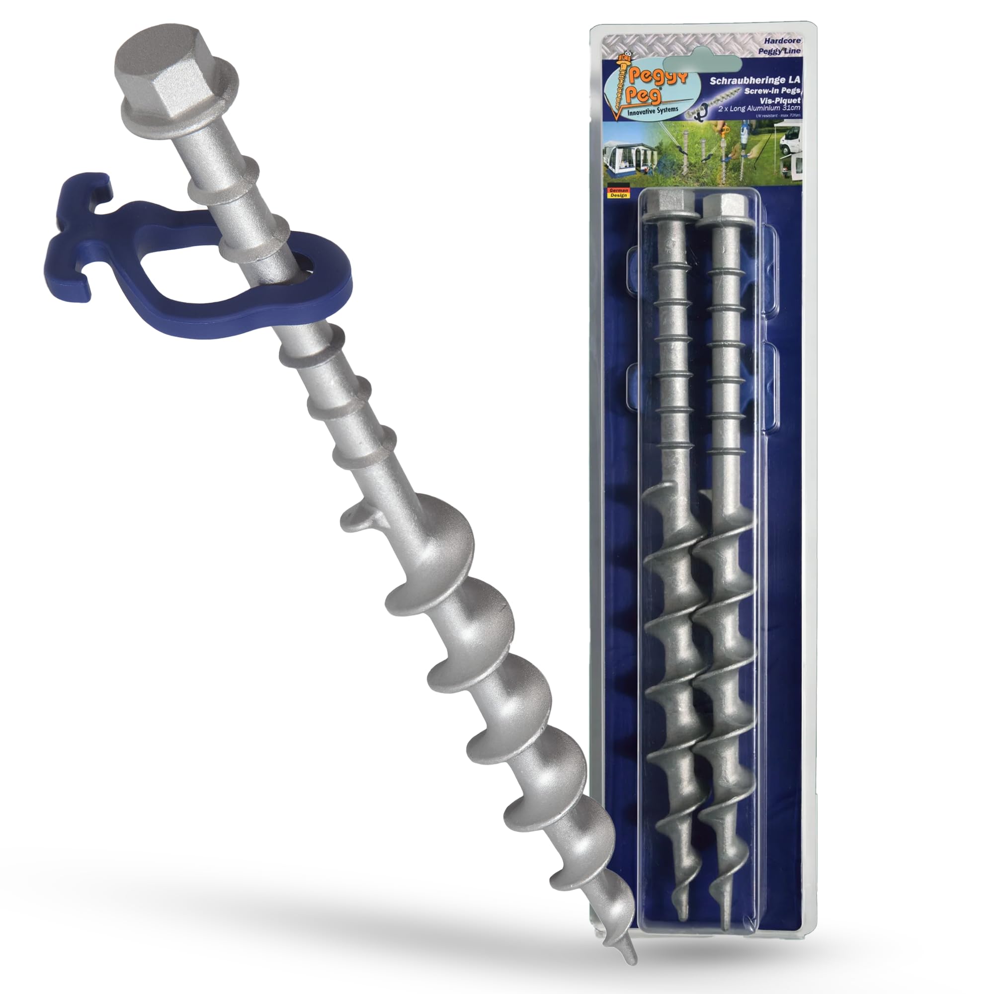 Peggy Peg – 2 Stück Schraubheringe Long aus Aluminium 31cm – Erdschrauben für Normale bis sandige Böden & Böden mit Geröll – hochbelastbare Zeltheringe für Großzelte, Leinen, Planen, Sturmverspannung