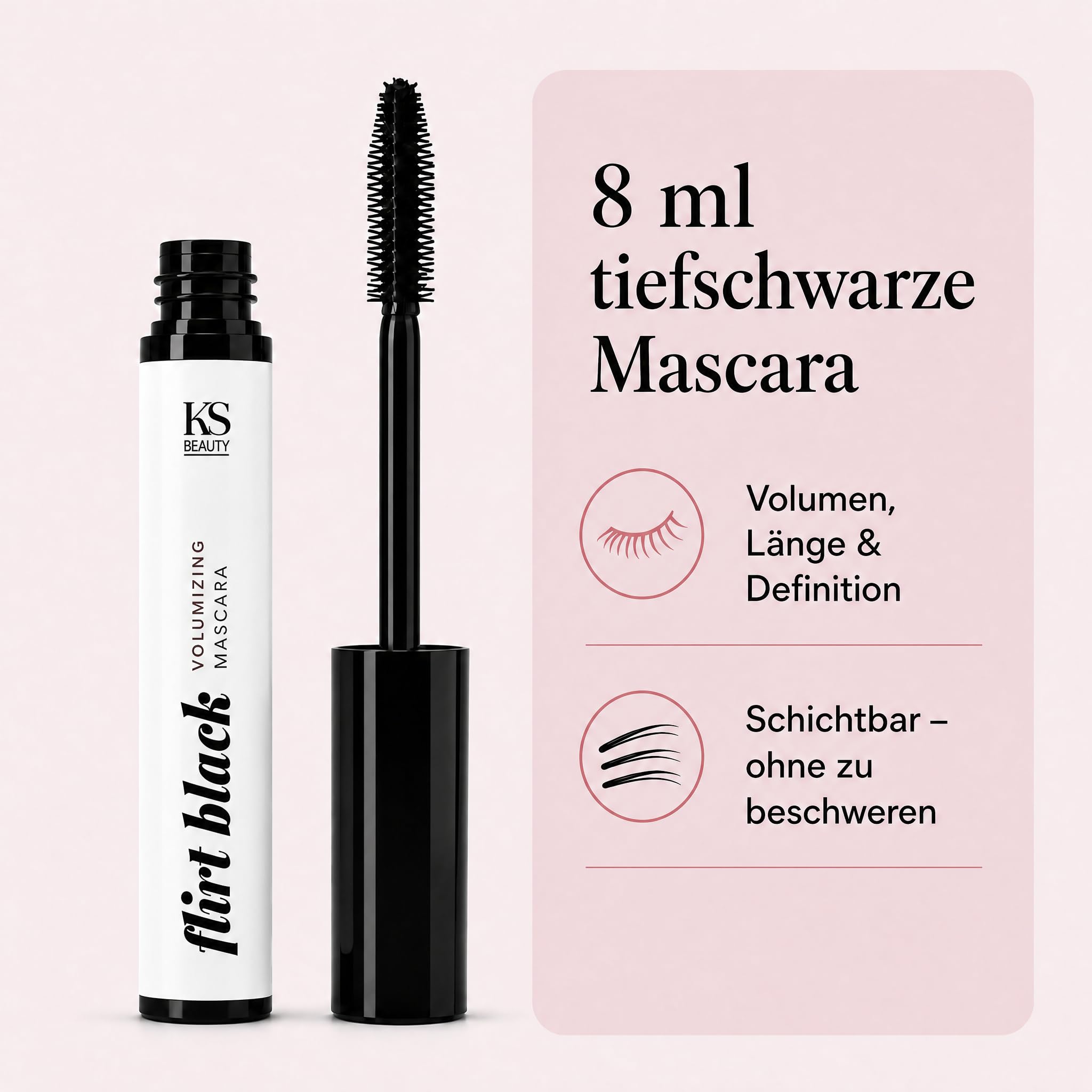 KS Beauty Flirt Black Mascara 8 ml, Volumen & Länge, Wimperntusche Schwarz | Pflegende Wimperntusche mit Widelash™, Biotinoyl Tripeptide-1 und Arganöl für geschmeidige, definierte Wimpern