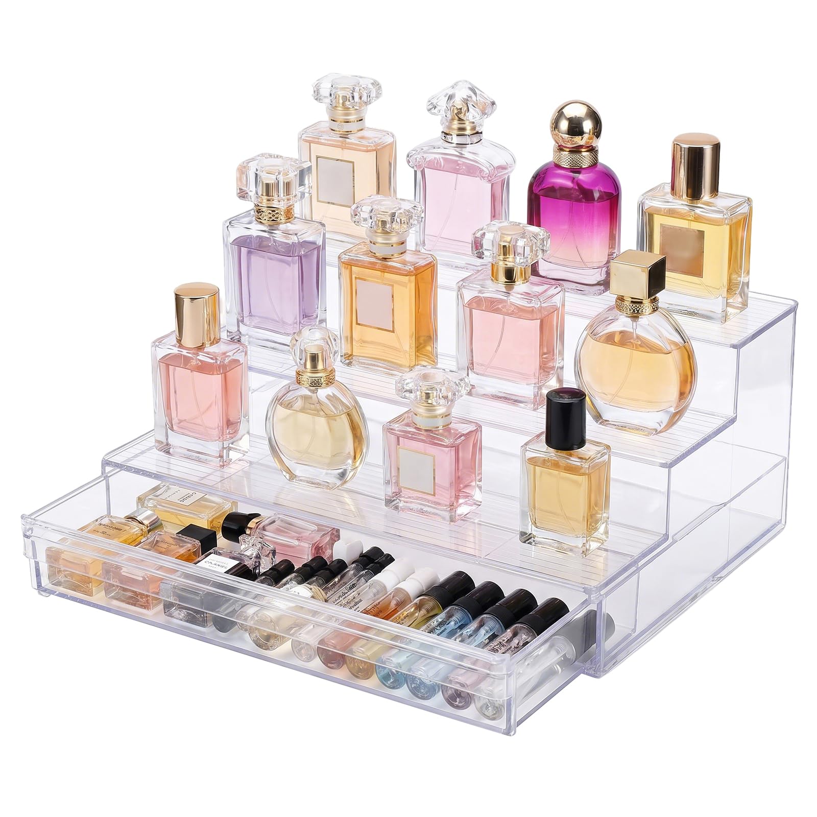 Organizzatore di profumo con cassetto, portaoggetti cosmetico trasparente a 3 livelli, espositore effetto acrilico per parrucchiere, trucchi, rossetto, laccato, skincare, bagno, cassettiera
