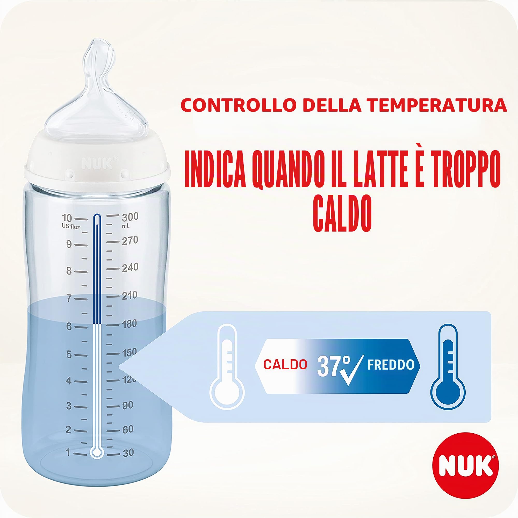 NUK Perfect Start First Choice+ Set di biberon, 0-6 mesi, 4 biberon con controllo della temperatura, ciuccio, scovolino e altro, senza BPA, 10 pezzi, bianco/trasparente