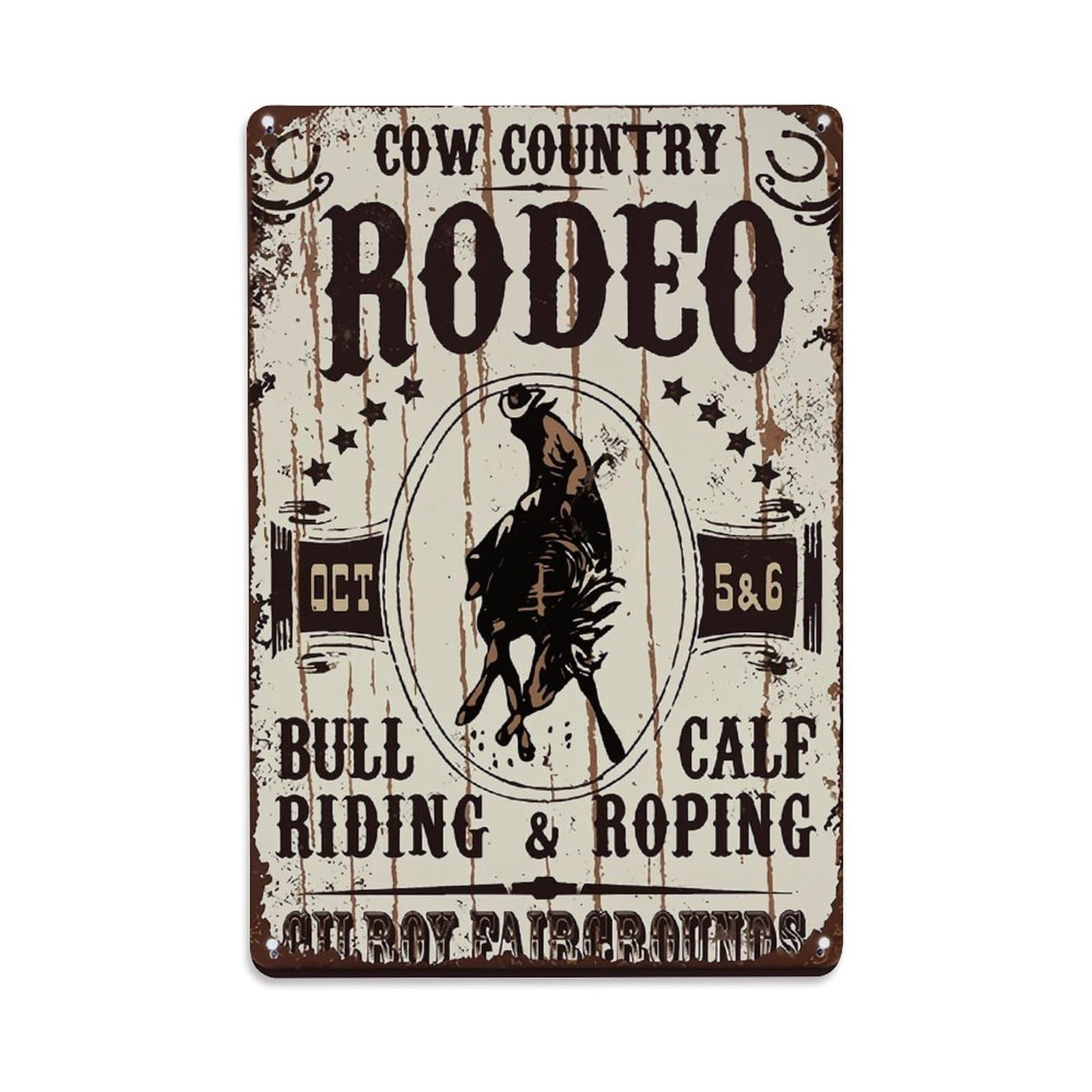 Cow Country Rodeo Bull Riding Calf Roping Retro Metal Tin Sign, Vintage Decor Art Poster for Bar, Home, Man Cave, Kitchen, Laundry Room Gift 8x12Inch