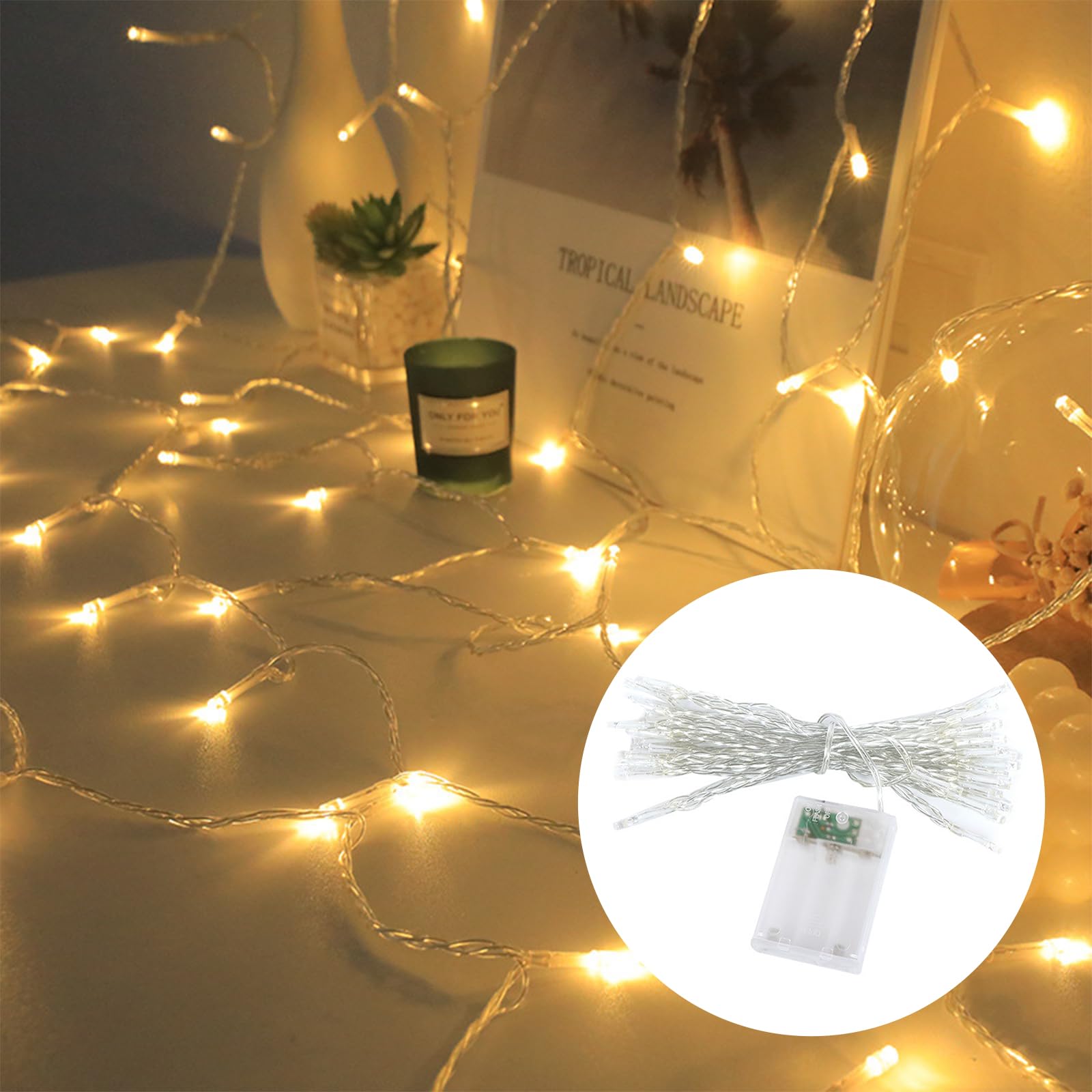 Guirnalda de luces con batería para exteriores e interiores, 10 m, 100 luces LED de hadas brillantes, luces blancas cálidas para tienda de campaña, jardín, árbol de Navidad, boda, fiesta