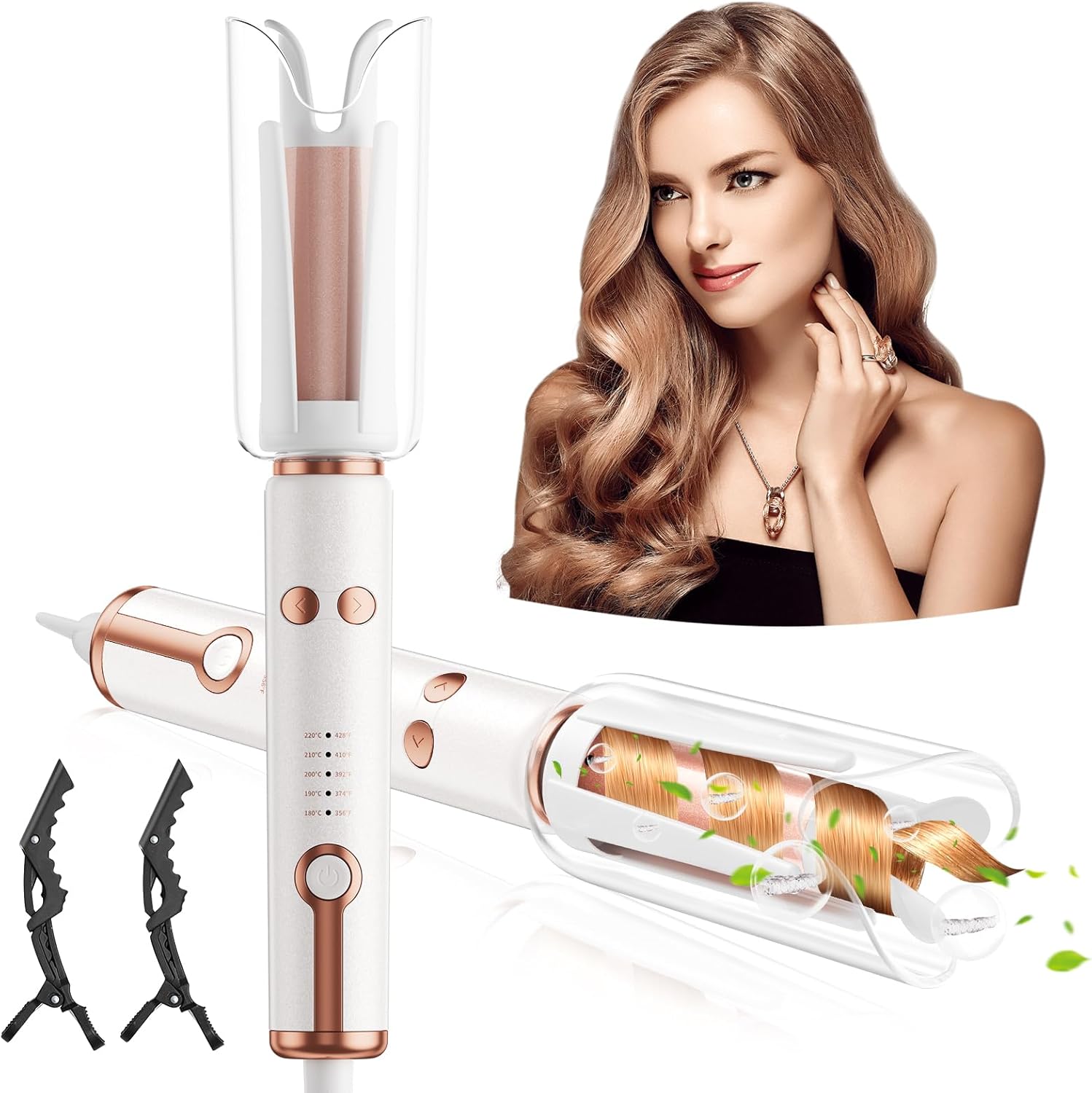 Automatic Curling Iron - 1.1'' Automatic Hair Curlers with 5 Temps & Timer, Anti-Tangle and Dual Anti-Scald, Fast Heating Iron for Hair Styling