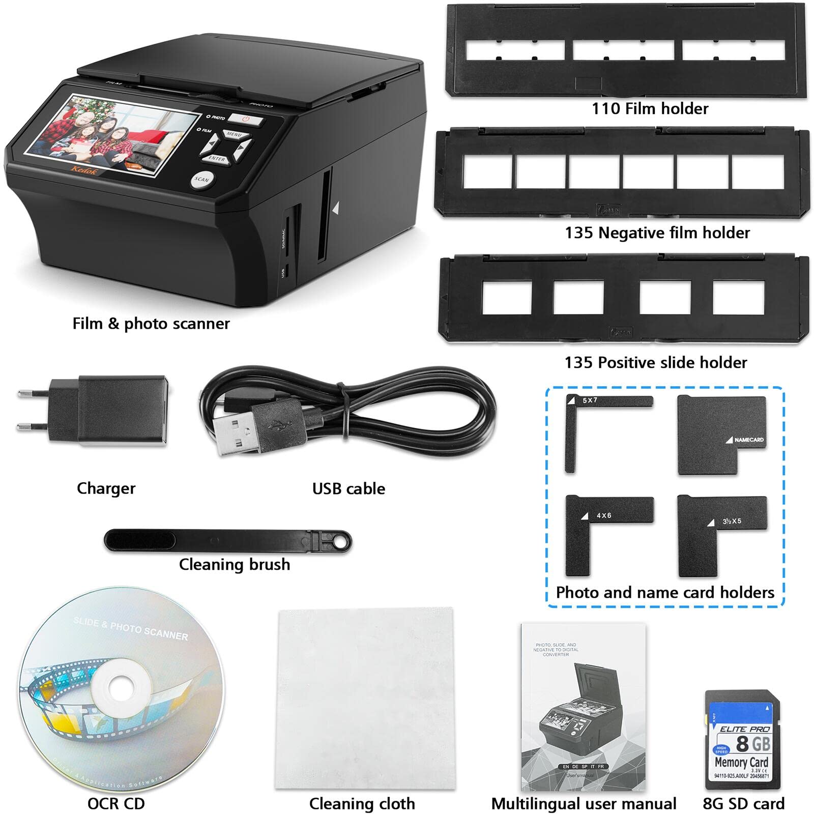 Kedok Multi-scanner per foto, diapositive e negativi,Convert 35mm,110 Film/Photo/NameCard to 22MP Digital JPEG,con schermo LargE da 5”
