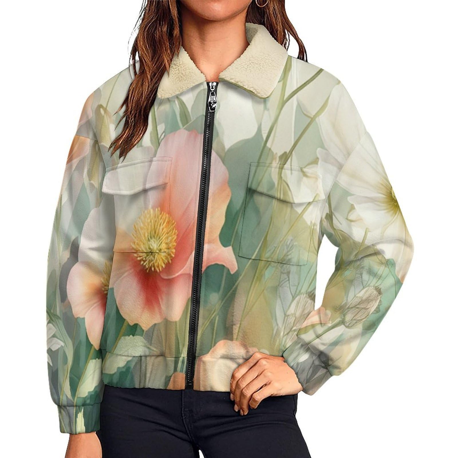 Giacca in Pile Caldi da Donna, Fiori natura Moda con Stampa a Papavero Margherita, Invernale, a Maniche Lunghe, con Chiusura Lampo, Spessa, Comoda, con Tasche