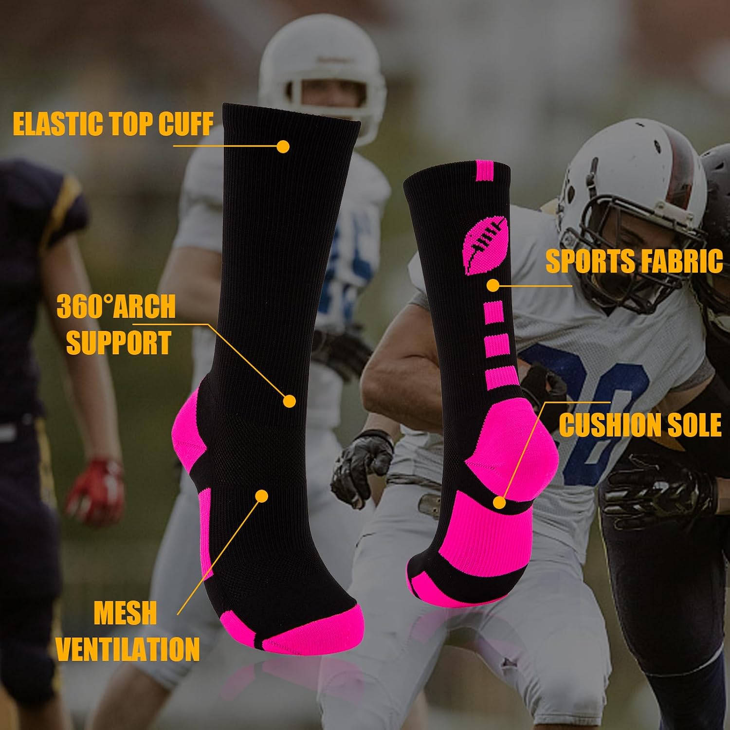 Yxmeiguo Breast Cancer Awareness Football Socks Crew Length for Boys Youth Men & Women (Black/Pink)