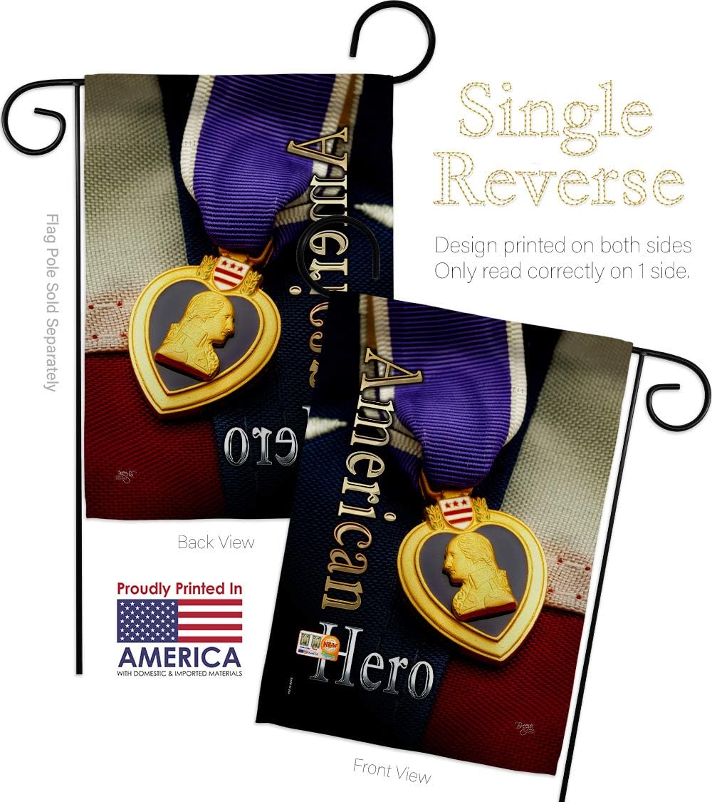 Purple Heart Hero Garden Flag Set Wall Holder Armed Forces Military Service All Branches Support Honor United State American Veteran Official Small Gift Yard House Banner 13 X 18.5