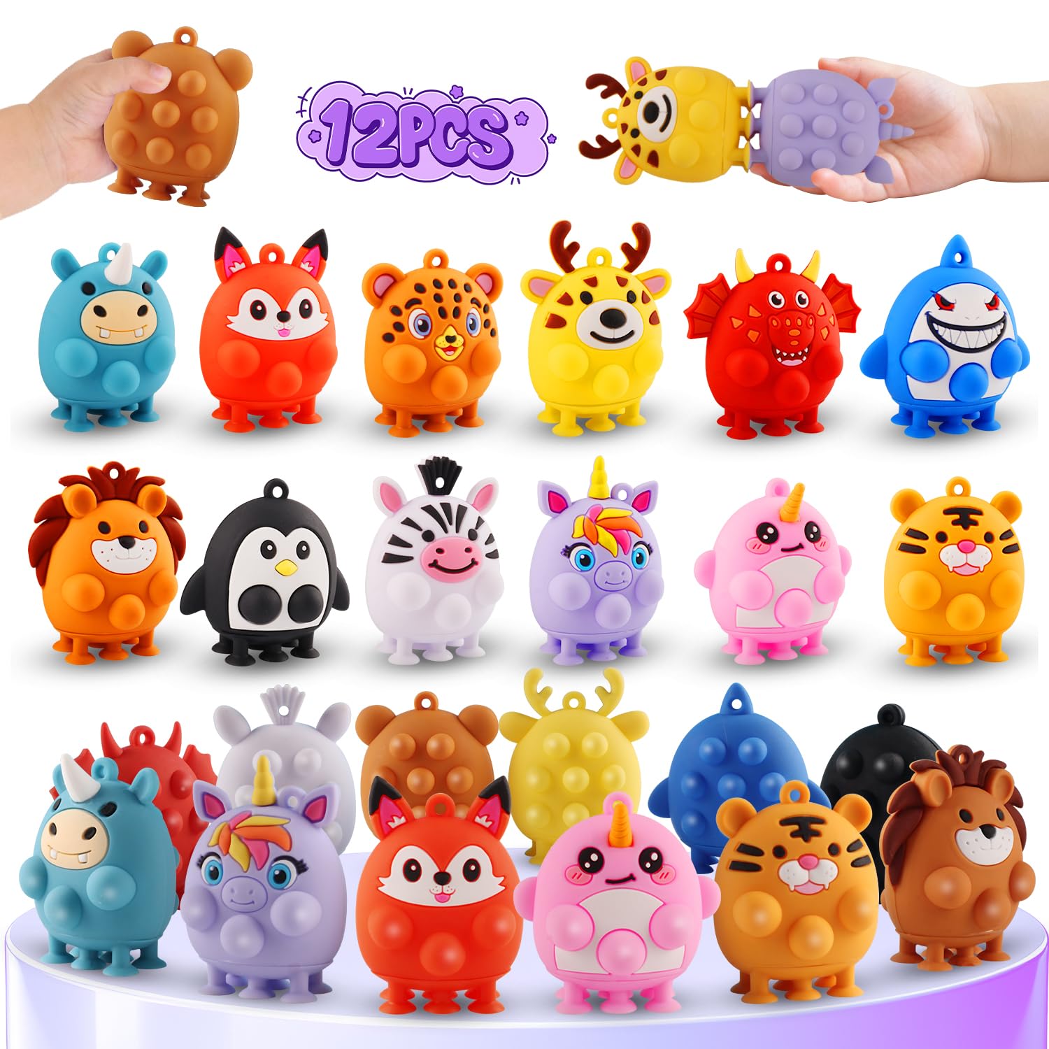 Toddler Valentines Day Gifts, 12PCS Animal Suction Pop Toys for Age 1 2 3 4 5 6, Airplane Car Travel Activities Essential, Birthday Gifts for Boys