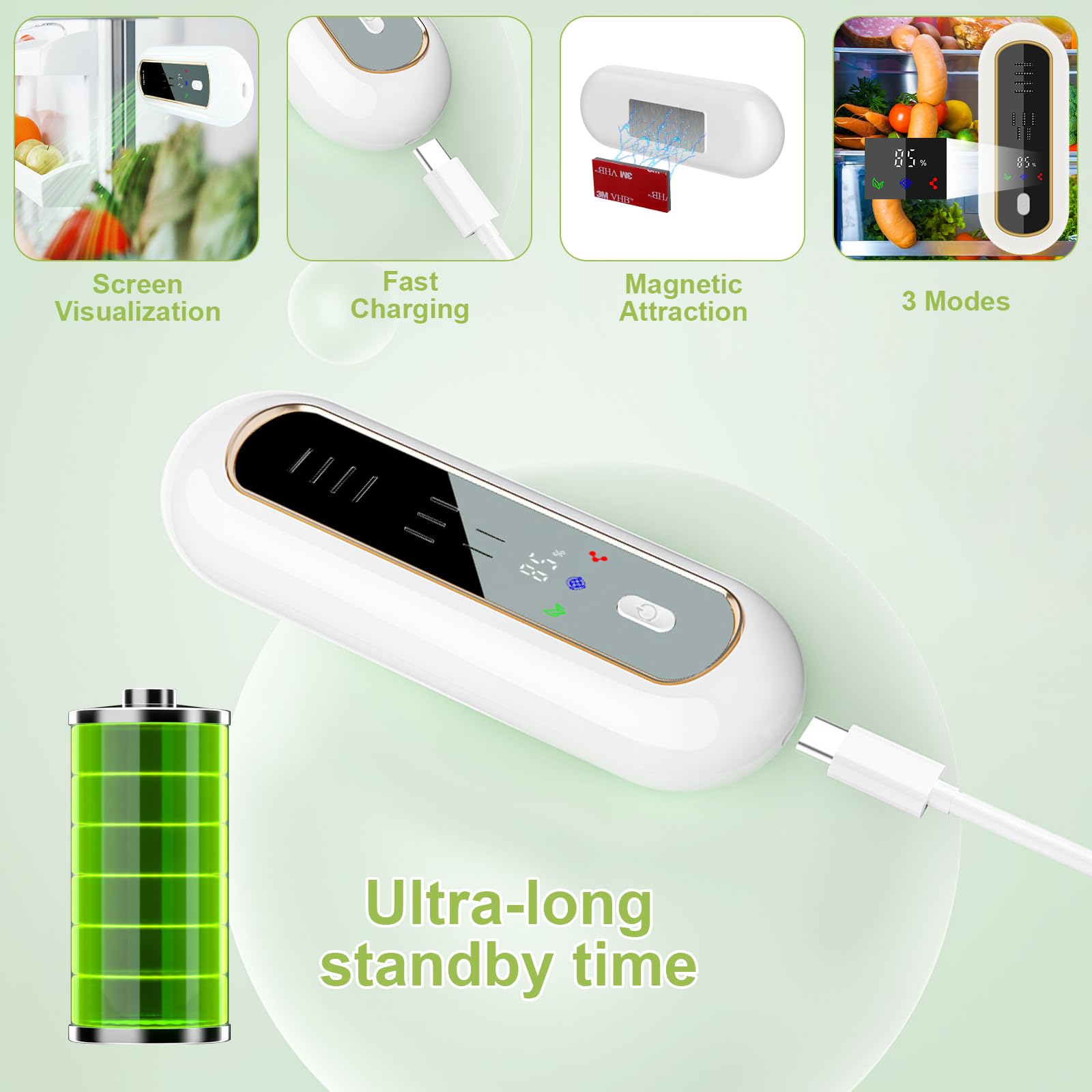 Dezodorator do lodówki z 3 trybami, monitorowanie temperatury i poziomu baterii, eliminator zapachów w lodówce z wyświetlaczem LED, ładowalny odświeżacz powietrza do szafy, zwierząt domowych