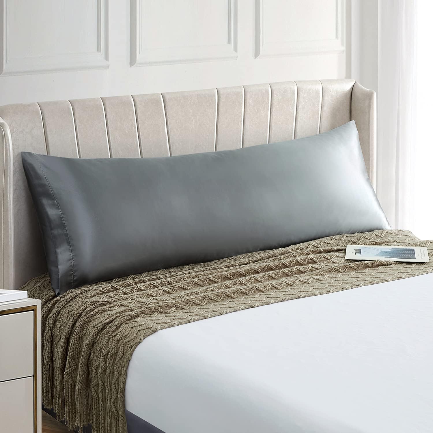 EXQ Home Body Pillow Cover Soft Grey Satin Body Pillow Pillowcase with Envelope Closure Silky Long Pillow Case (20"x54")