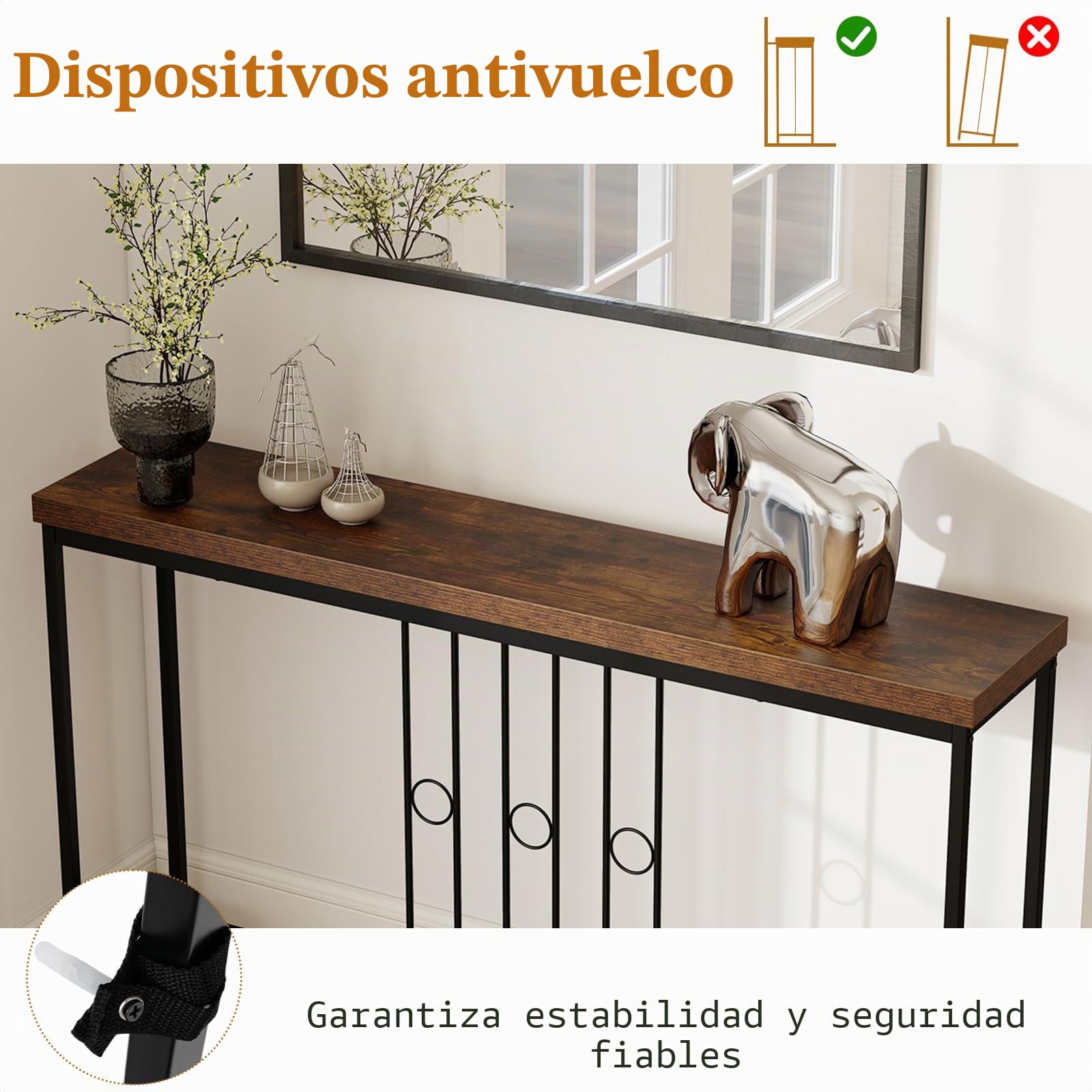 LIFEZEAL Consola para Entrada, 140 x 30 x 81 cm, Mesa Consola Industrial Larga, Salvapacio de Madera y Metal con Decoración de Líneas y Anillos, Consola Detrás del Sofá, Entrada y Pasillo, Marrón