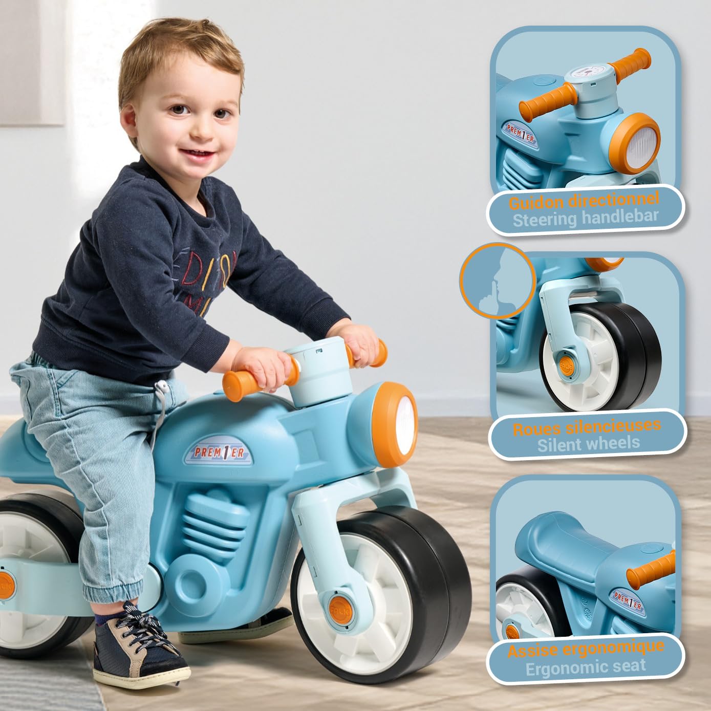 FALK - Draisienne Moto Prem1er - Blu - Ruote extra larghe e silenziose - Manubrio direzionale - Look Vintage - Contiene almeno il 75% di plastica riciclata - Made in France - Da 12 mesi - 452S