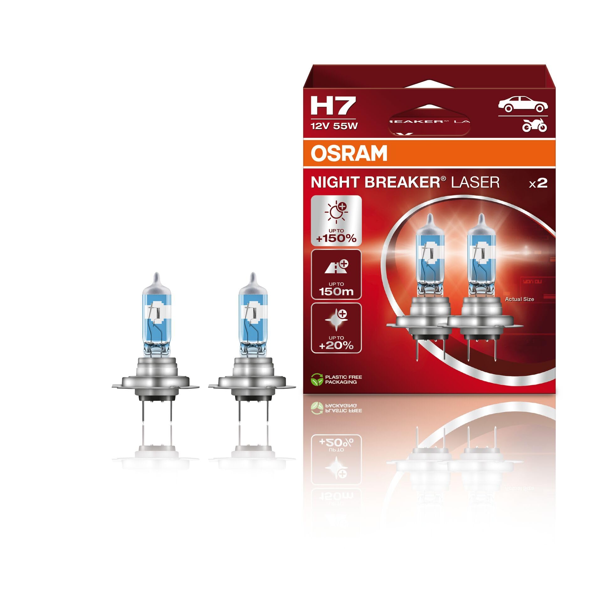 OSRAM NIGHT BREAKER LASER H7, next generation, 150% more brightness, halogen headlamp, 64210NL-HCB, 12V, passenger car, duo box (2 lamps) - White