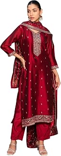 INDO ERA Women's Embroidered Silk Blend Calf Length Straight Kurta & Pant with Dupatta Set (KH9MR6132) Price In India