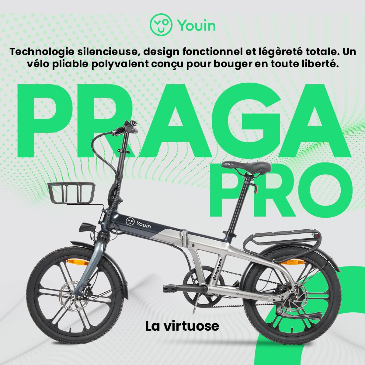 Youin Praga Pro BK1850 Vélo électrique Pliable Fat 20 Pouces Moteur 250 W Sangle Carbone Batterie Amovible jusqu'à 60 km Freins hydrauliques Écran Couleur Suspension 80 mm Premium.