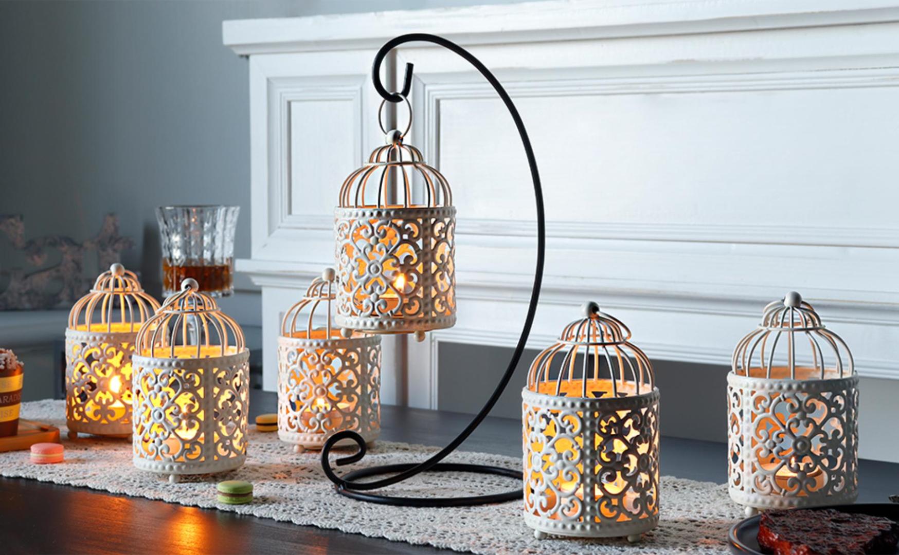 Set 6 Portacandele Metallici A Gabbia | Lanterne Appendibili Bianche | Per Tavolo, Matrimoni E Feste - Foto 2