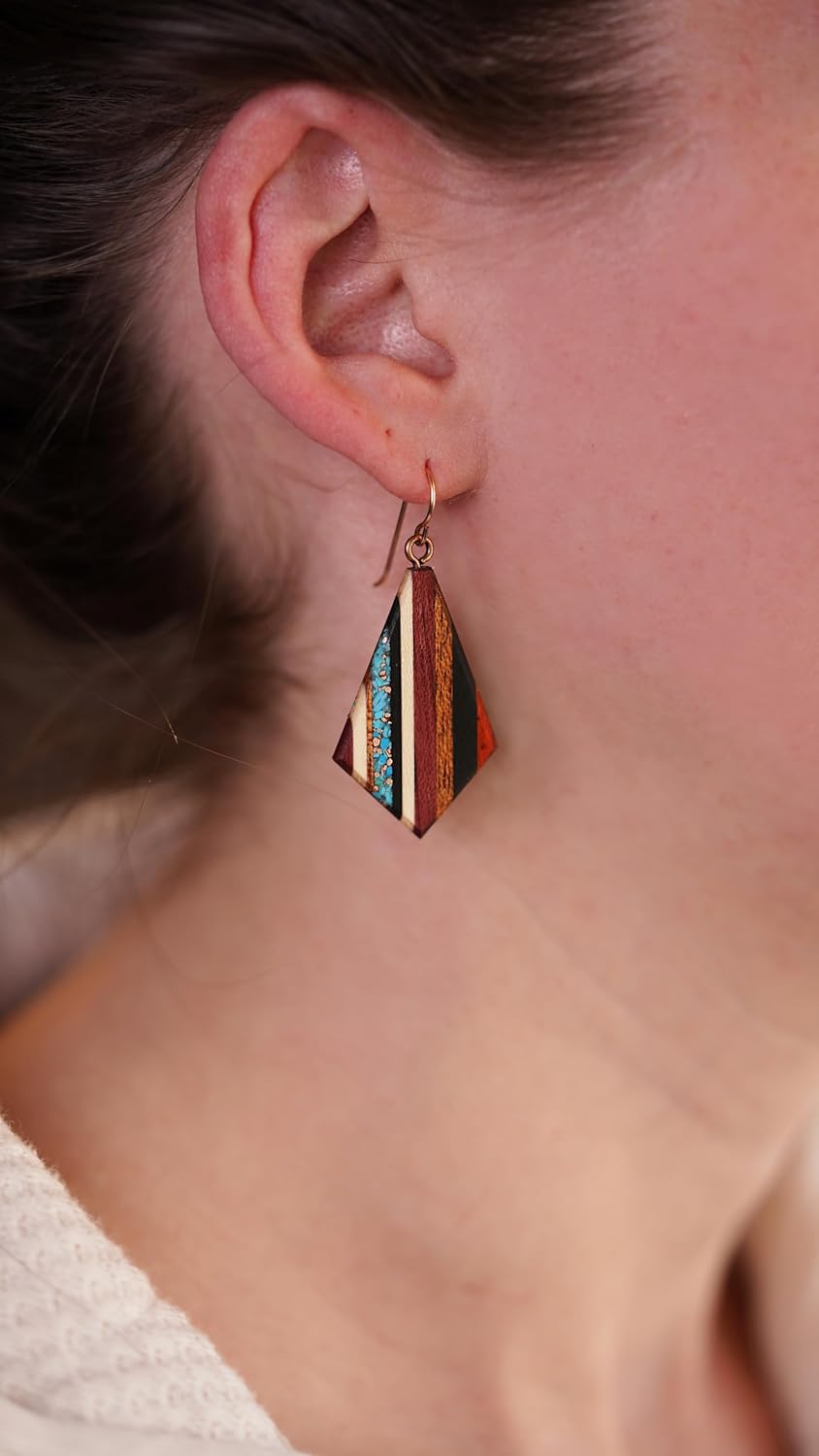 Handmade Boho Turquoise Earrings - Reclaimed Wood and Recycled Turquoise with Hypoallergenic 14k Rose Gold Filled Earwires - Christmas Gift - Womens Holiday Gift - Lightweight Modern Statement Jewelry