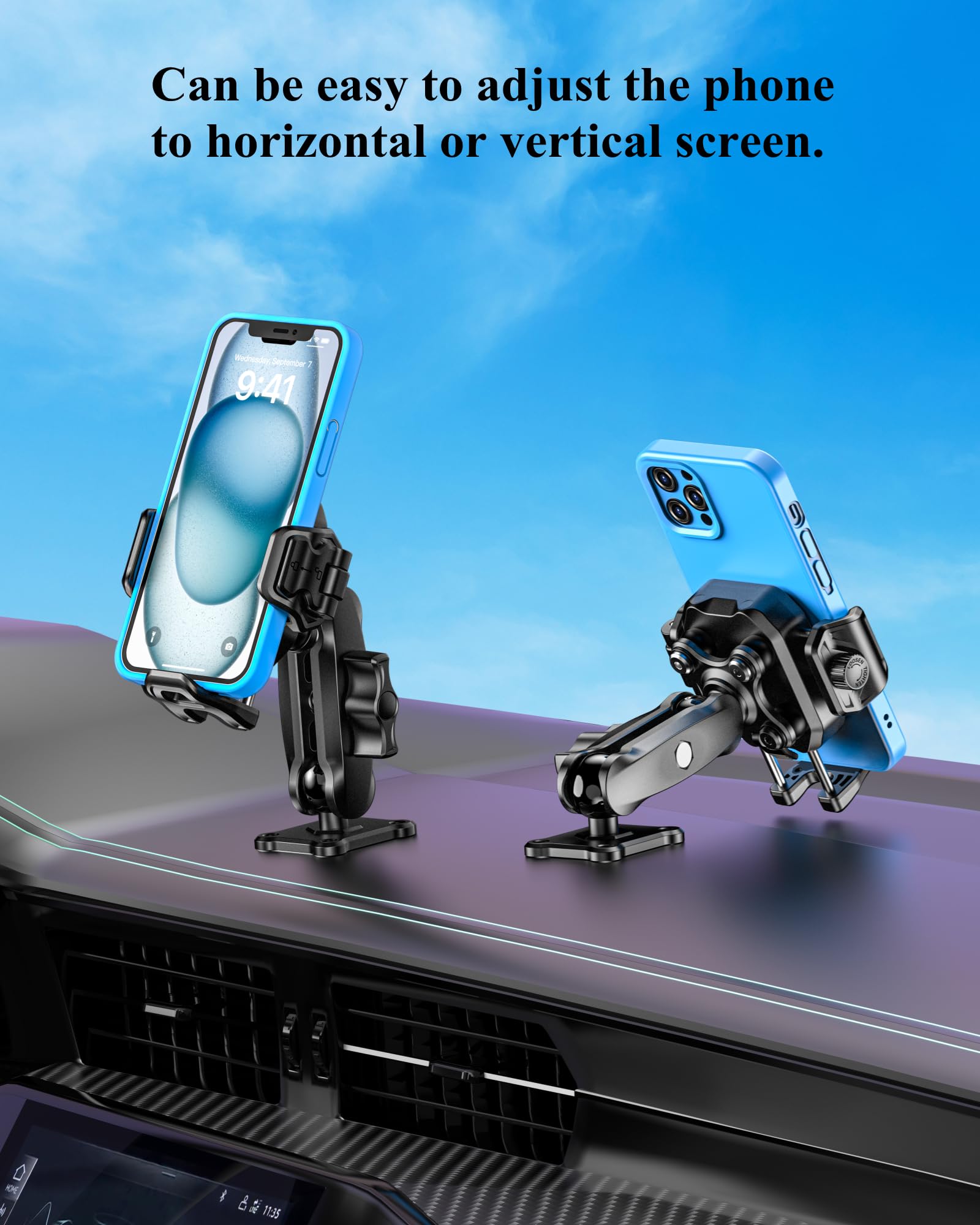 BRCOVAN Supporto antifurto per telefono con smorzatore di vibrazioni [blocco e rilascio 1s] [compatibile con fotocamera] con braccio medio in alluminio e base quadrata, per auto, barca, camion, moto