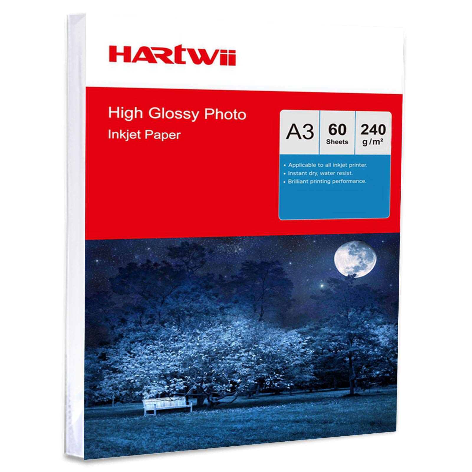 Hartwii 60 Sheets A3 Size High Glossy White Inkjet Photo Paper for Inkjet Printing Picture - 240Gsm