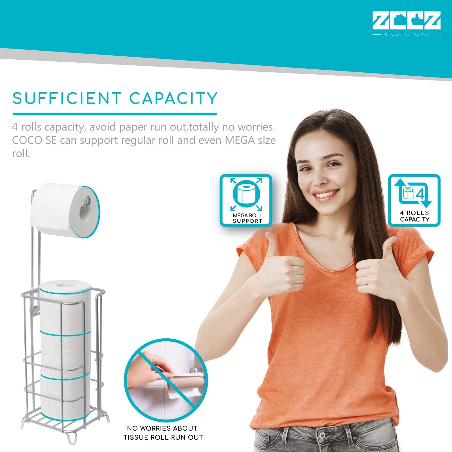 ZCCZ Toilet Paper Holder, Standing Bathroom Toilet Tissue Paper Roll