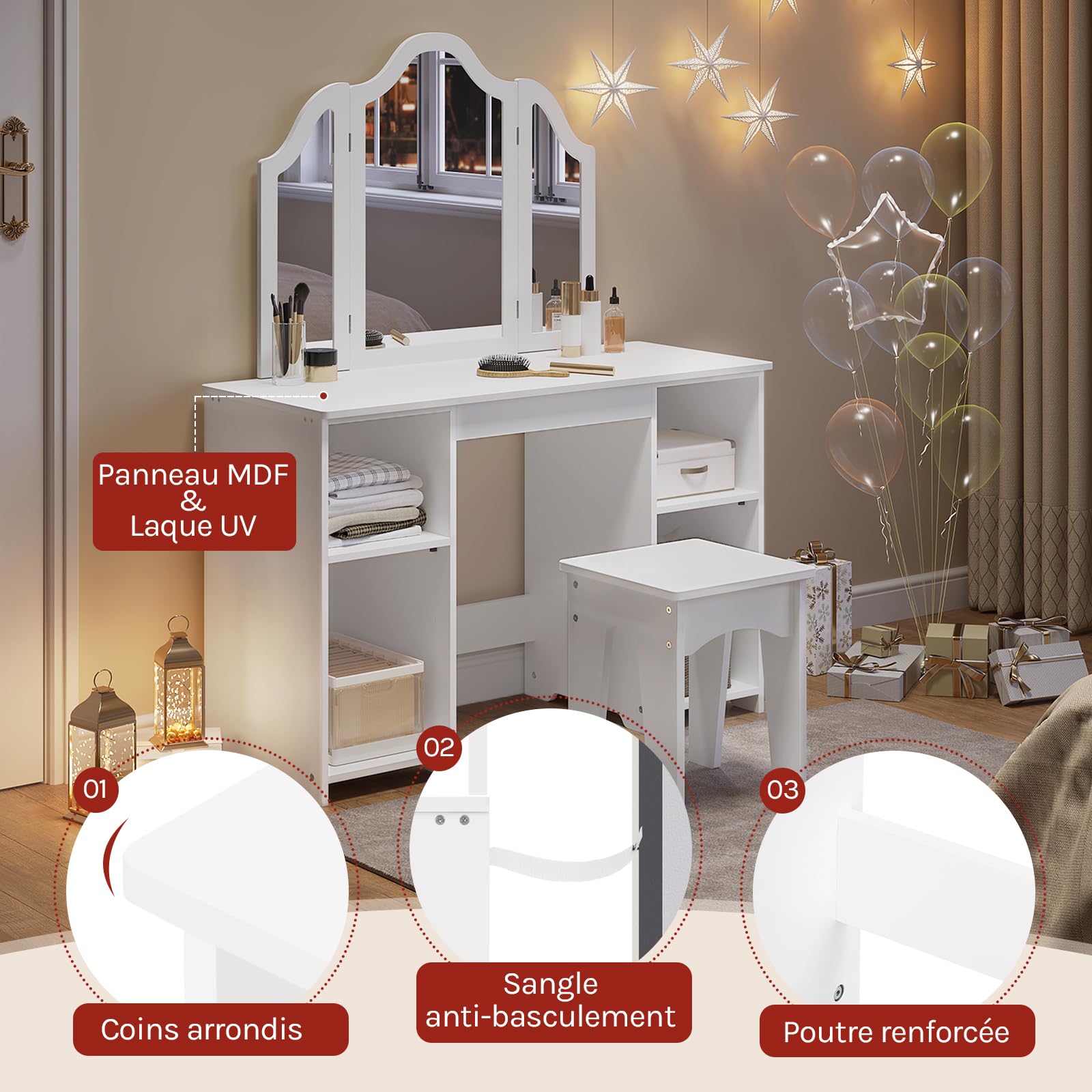 WOLTU Coiffeuse pour Enfants avec Tabouret et Triple Miroir Amovible, Petite Table de Maquillage avec 4 Compartiments Ouverts, Étagères Réglables, pour Fille, Blanc, MDF, MB6120ws