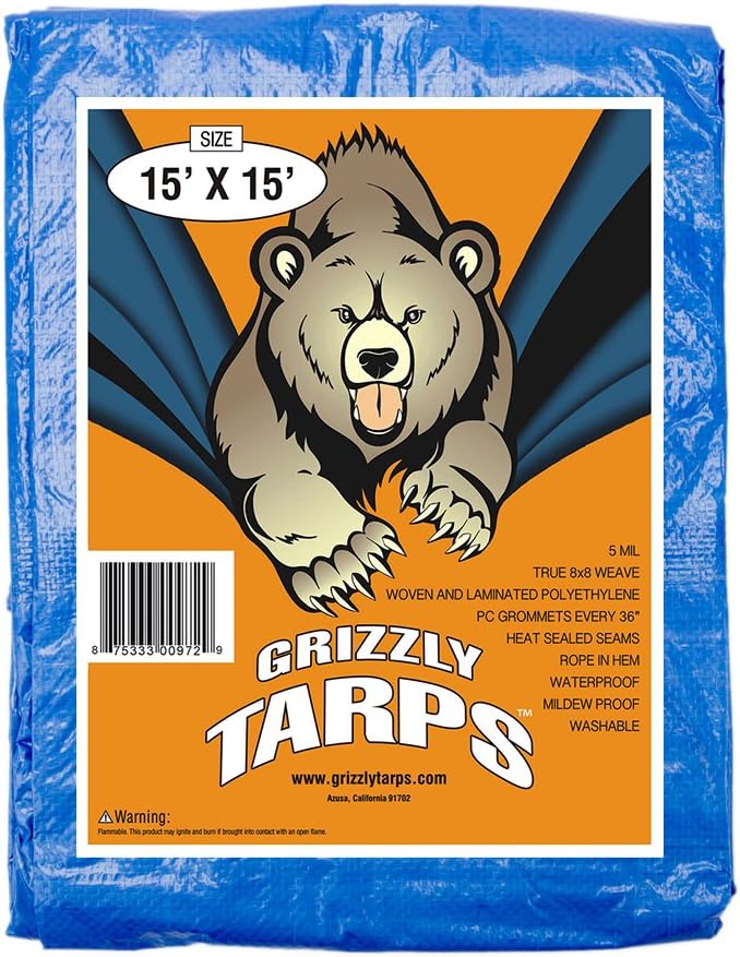 Grizzly Tarps by B-Air 15' x 15' Large Multi-Purpose Waterproof Heavy Duty Poly Tarp with Grommets Every 36", 8x8 Weave, 5 Mil Thick, for Home, Boats, Cars, Camping, Protective Cover, Blue