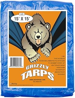 B-Air Grizzly Tarps - Large Multi-Purpose, Waterproof, Heavy Duty Poly Tarp Cover - 5 Mil Thick (Blue - 15 x 15 Feet)