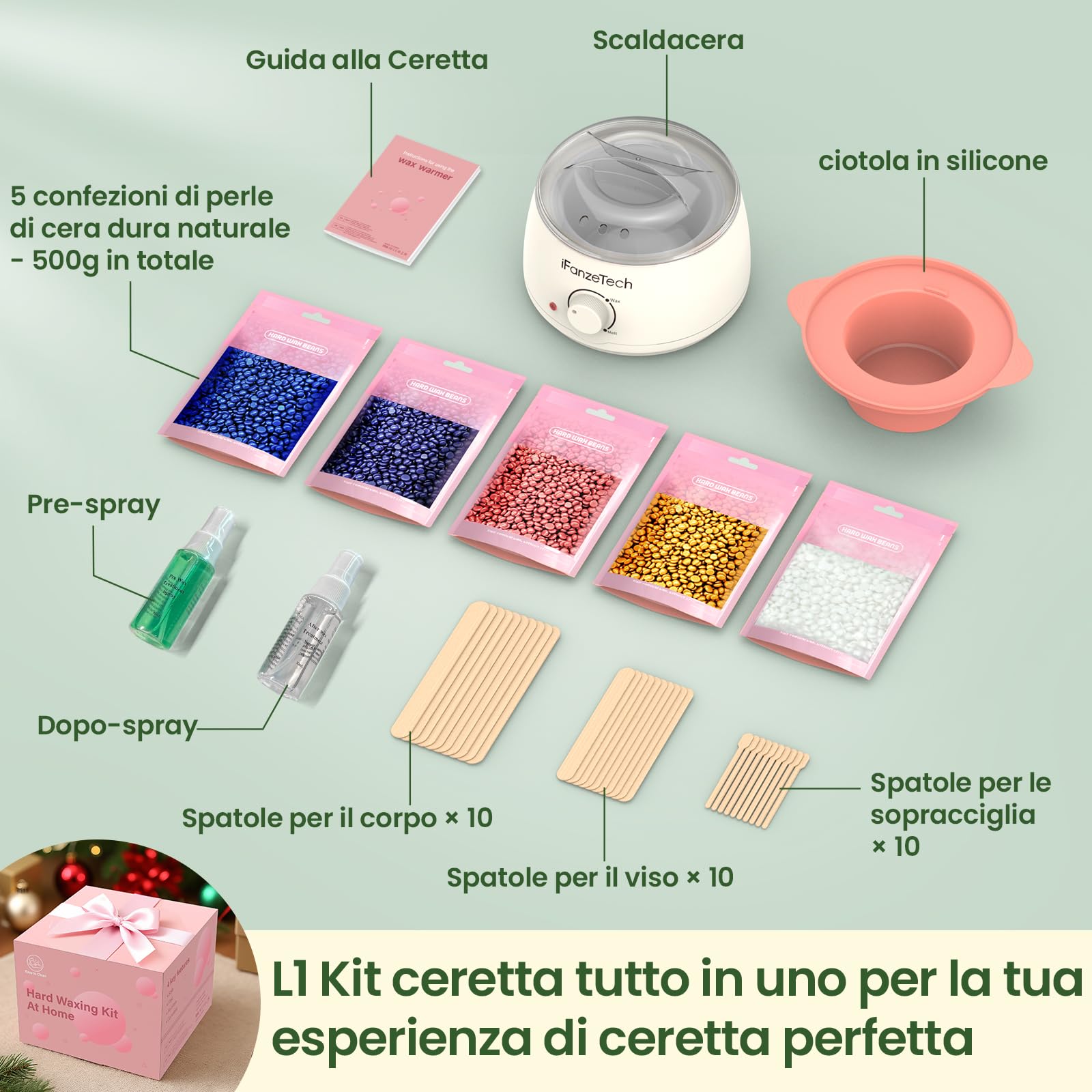 IFANZETECH Scaldacera Cera Brasiliana Kit: Scalda Cera per Ceretta Rimuovere Tutti Tipi di Peli, con 500g Ceretta Brasiliana, 30 Spatole, 1 Pentola Silicio, Depilazione per Uomo e Donna
