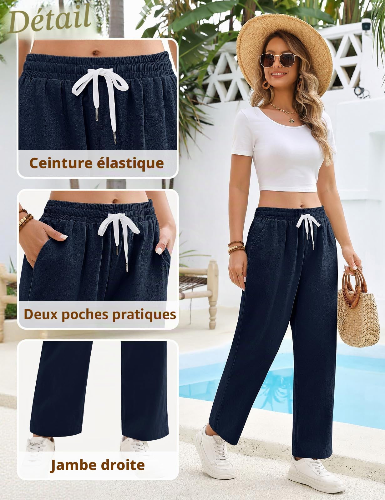 Pantalon Femme Été 7/8 Fluide Léger Coton Pantalons Décontractée Ample Droit Pantacourt Taille Haute Elastique Palazzo Chic et Elegant Travail Longueur Pants avec Poches