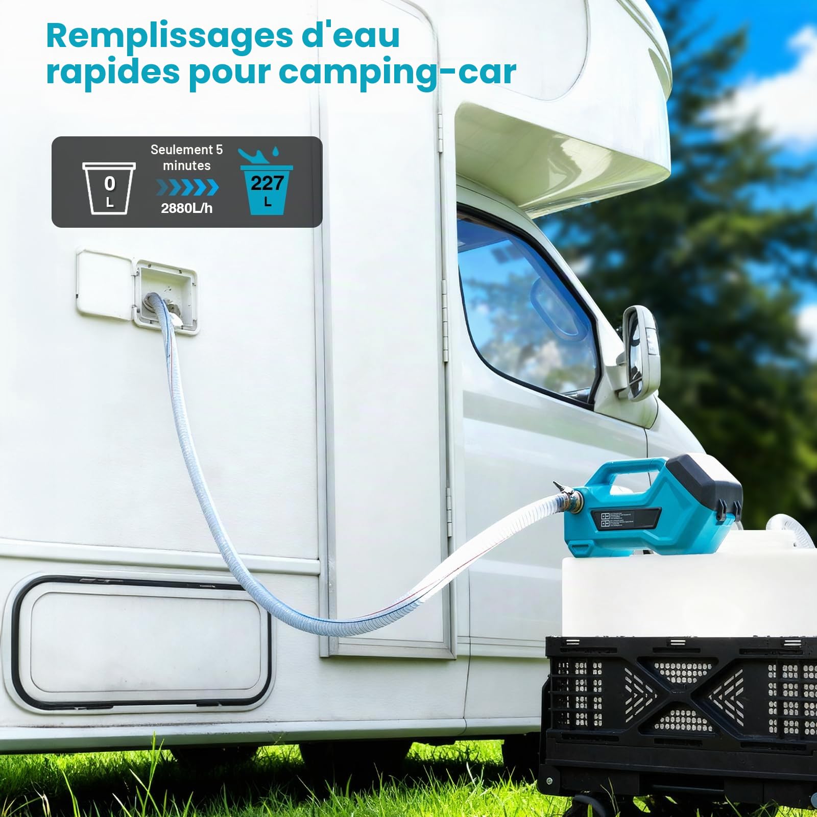 Seesii Pompe de transfert sans fil pour eau/diesel, 2880 l/h, auto-amorçante, 2 batteries de 4000 mAh, pompe domestique électrique portable pour camping-car, jardin, jacuzzi, piscine, étang, aquarium