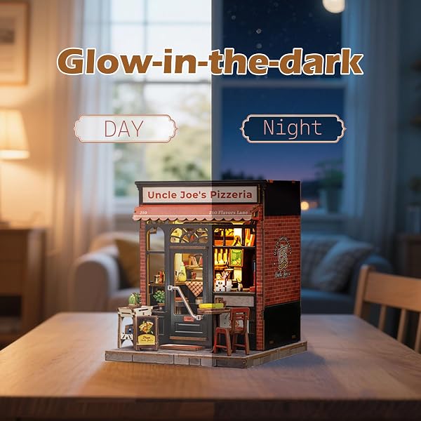 Fsolis Book Nook Kit - Uncle Joe's Pizzeria, DIY Miniature Maison de Poupée, Décoration 3D en Bois avec Maison de poupée illuminée Cadeau créatif Magique pour Adultes - 4