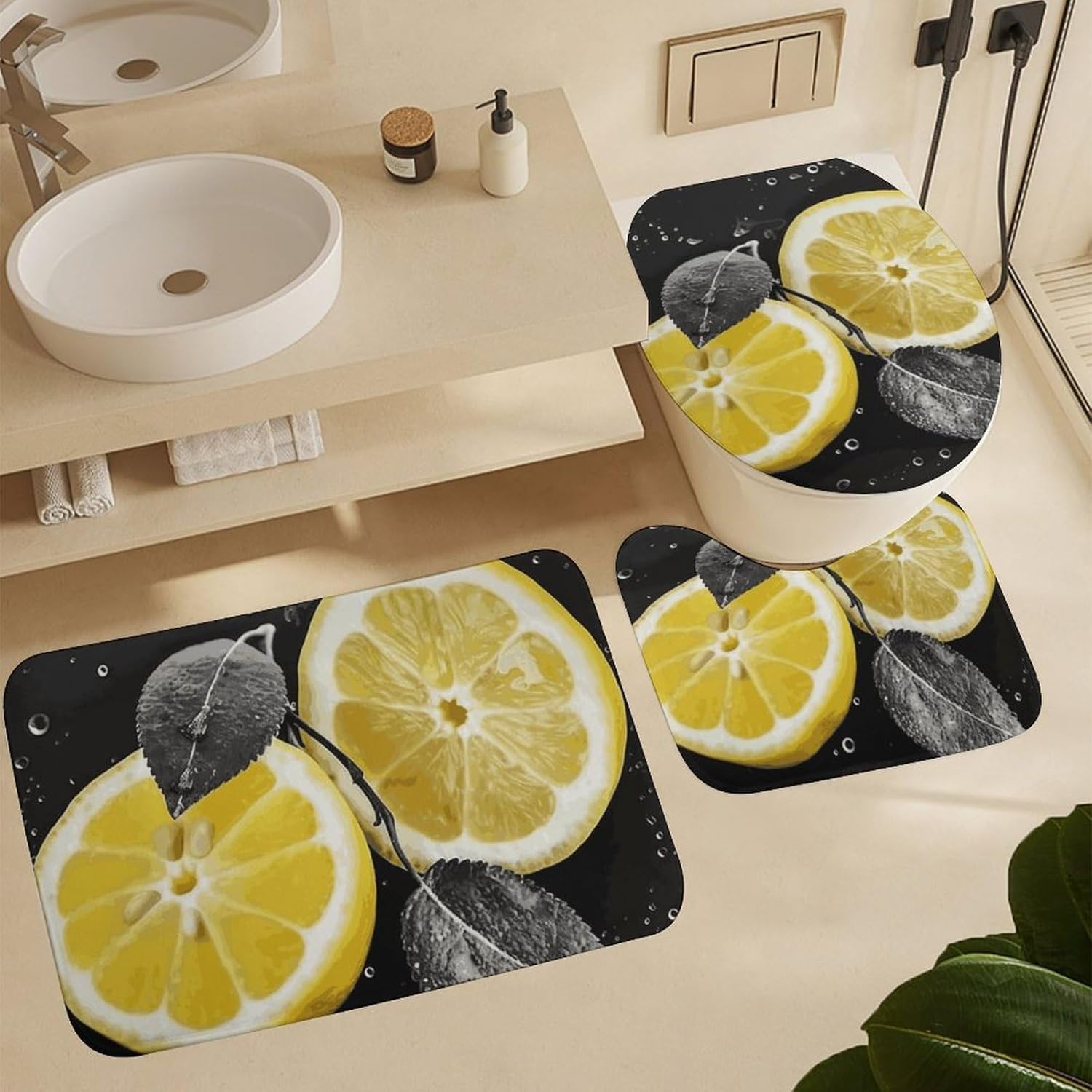 Lemon with on Black and White Shower Curtain Set 4 Piece, Non-Slip Bath Mat with Toilet Lid Cover and Waterproof Shower Curtain with 12 Hooks, Complete Bathroom Set for Home Decor