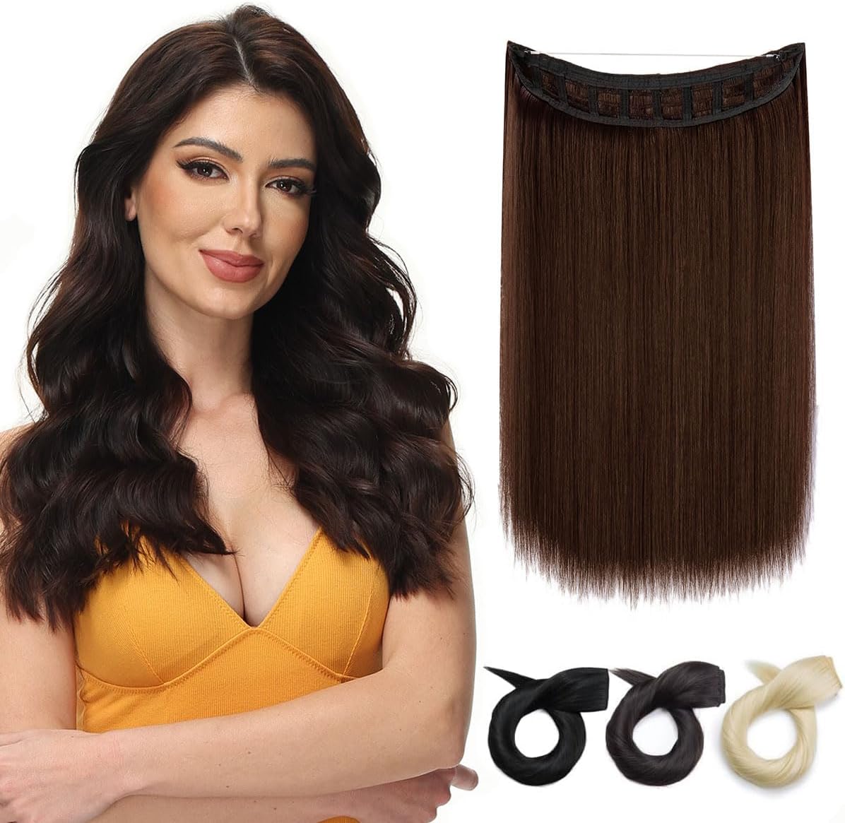 Yamel Invisible Wire Hair Extensions 20 Inch Medium Brown Long Silky Straight Synthetic Hairpieces Secret Hair Extensions for Women