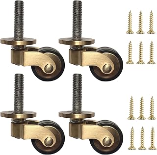 FSCLJ 4X Transport castors,360 degree Swivel castors,Antique Furniture castors Made of Polished Brass,25mm Small Mini Rubber Wheels,with Galvanized Iron Threaded Rod,for Furniture,armchairs,Sofas