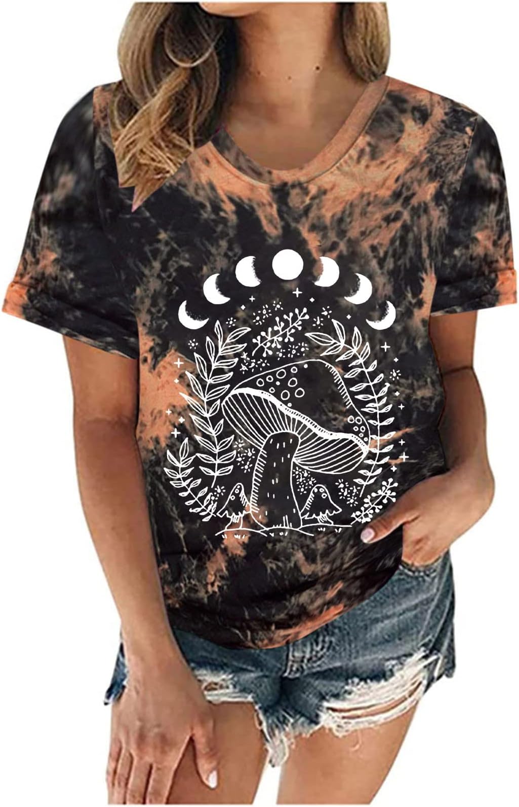 Mnhhatv Womens Sun Moon Mushroom Graphic Tops Vintage Loose Fit Blouse Short Sleeve Tie Dye T Shirt Teen Girl Casual Tees, D*black, X-Large