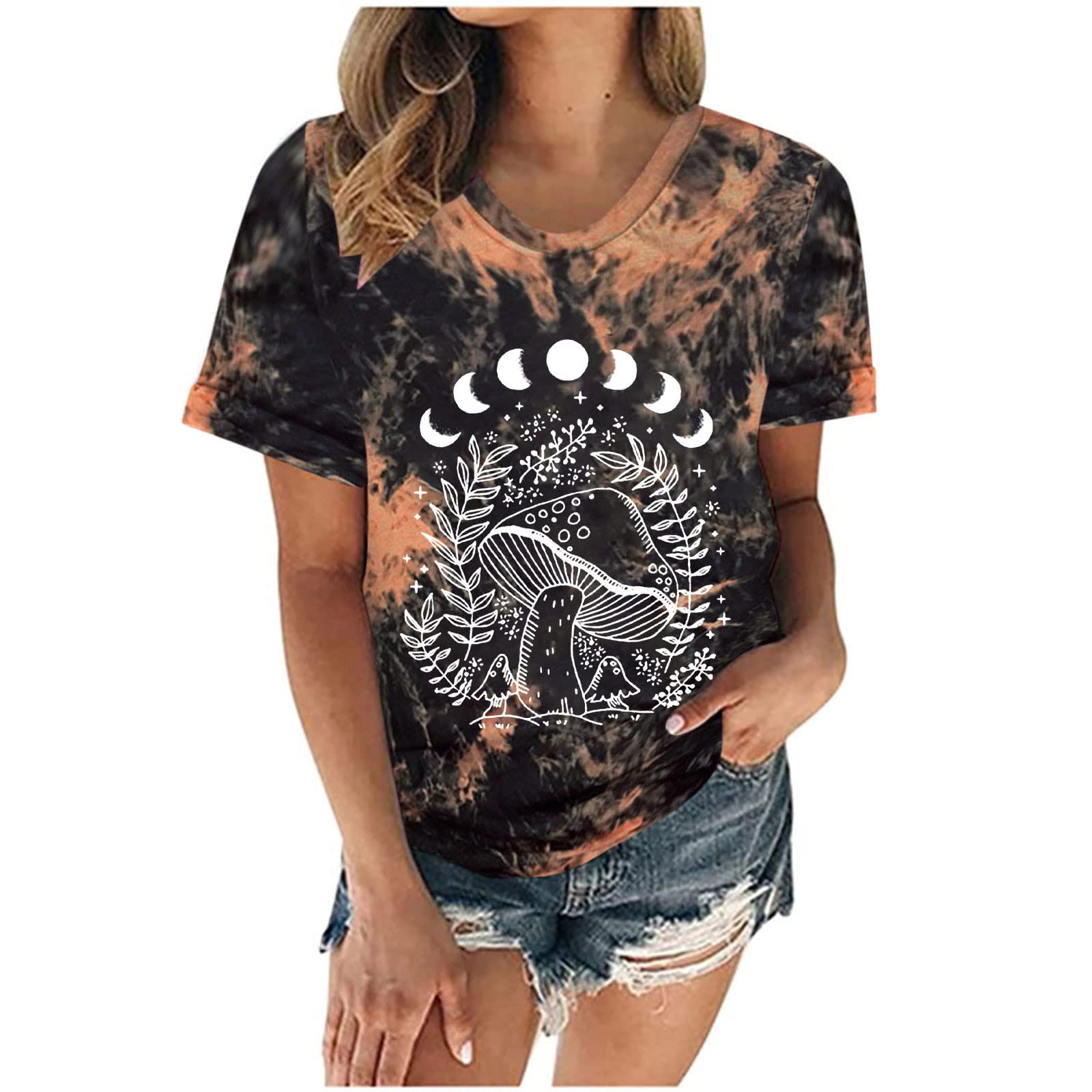 Mnhhatv Womens Sun Moon Mushroom Graphic Tops Vintage Loose Fit Blouse Short Sleeve Tie Dye T Shirt Teen Girl Casual Tees, D*black, X-Large