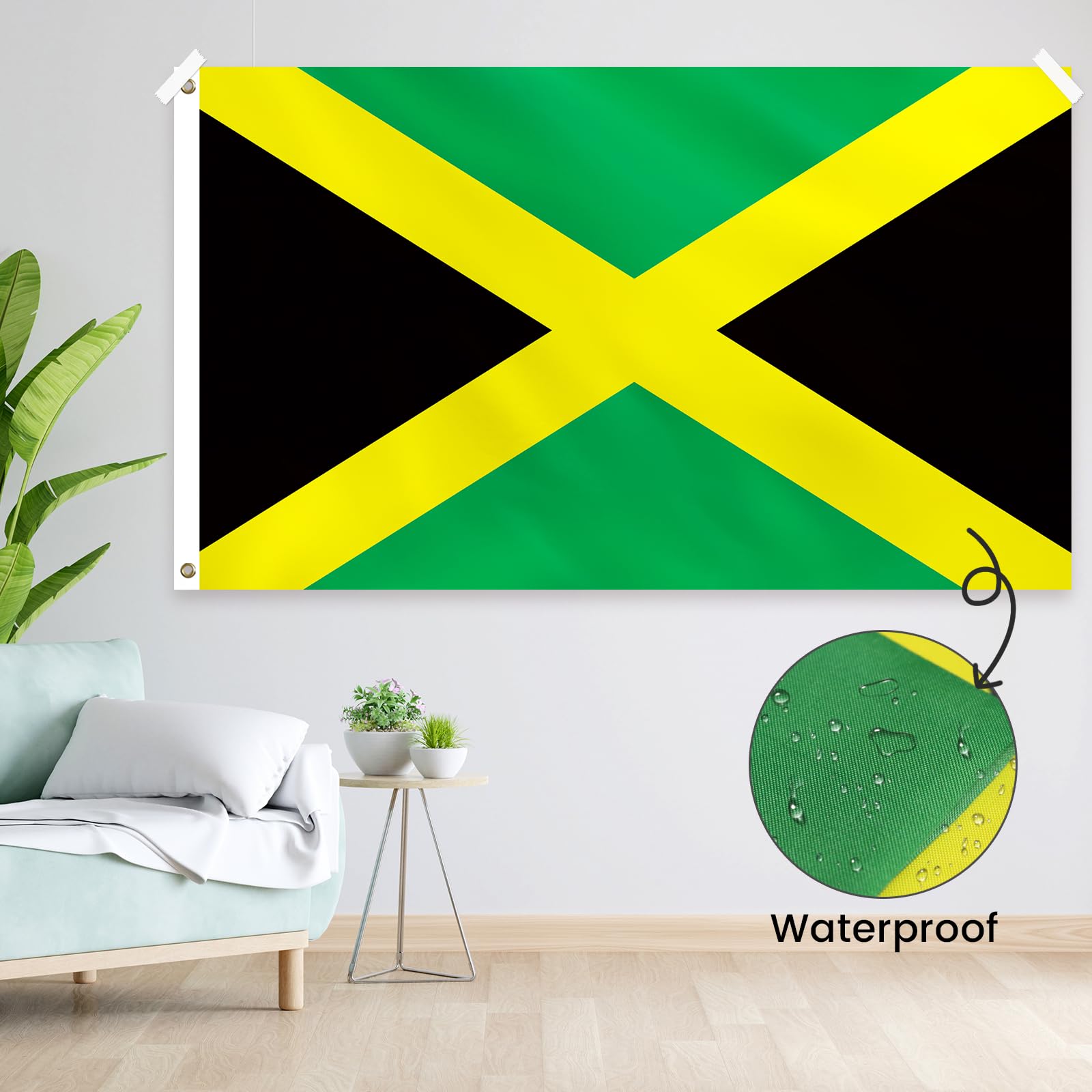 Flaga Jamajki, 150 x 90 cm, flaga Jamajki, jednostronny nadruk z 2 mosiężnymi oczkami, wodoodporna, Jamajska flaga na Dzień Kultury, Mistrzostwa Świata, Olimpijskie, ulice, do ogrodu, baru na
