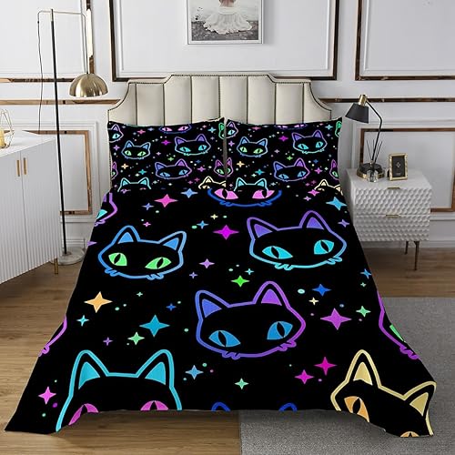 Miniatura 2 de Erosebridal Lindo juego de edredón de gatos degradados para niños y niñas, colcha de gatos kawaii, tamaño Queen, juego de ropa de cama colorido con