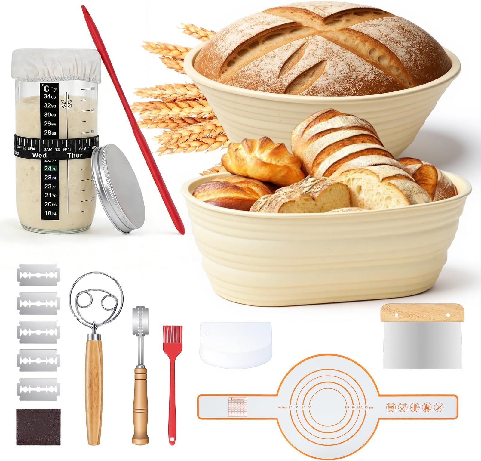 19-Piece Sourdough Starter Set with 2 Foldable Silicone Proofing Baskets (23 cm and 25 cm), Sourdough Starter Glass, Professional Bread Baking Accessories, Gift for Beginners, Experienced