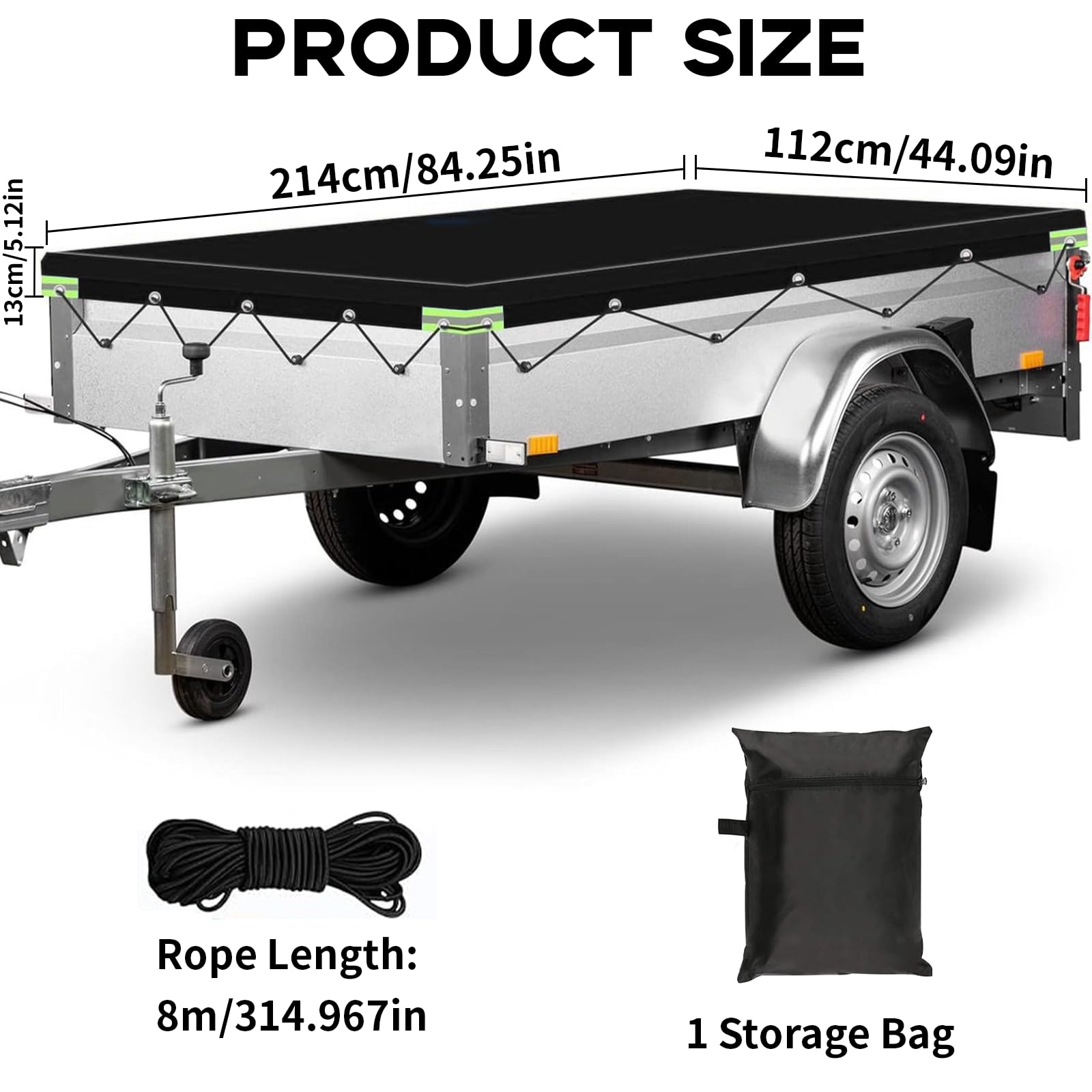 Bâche Plate Remorque 214 X 122 X 13 Cm Imperméable Oxford 420D - Corde 8m Et Sac Rangement