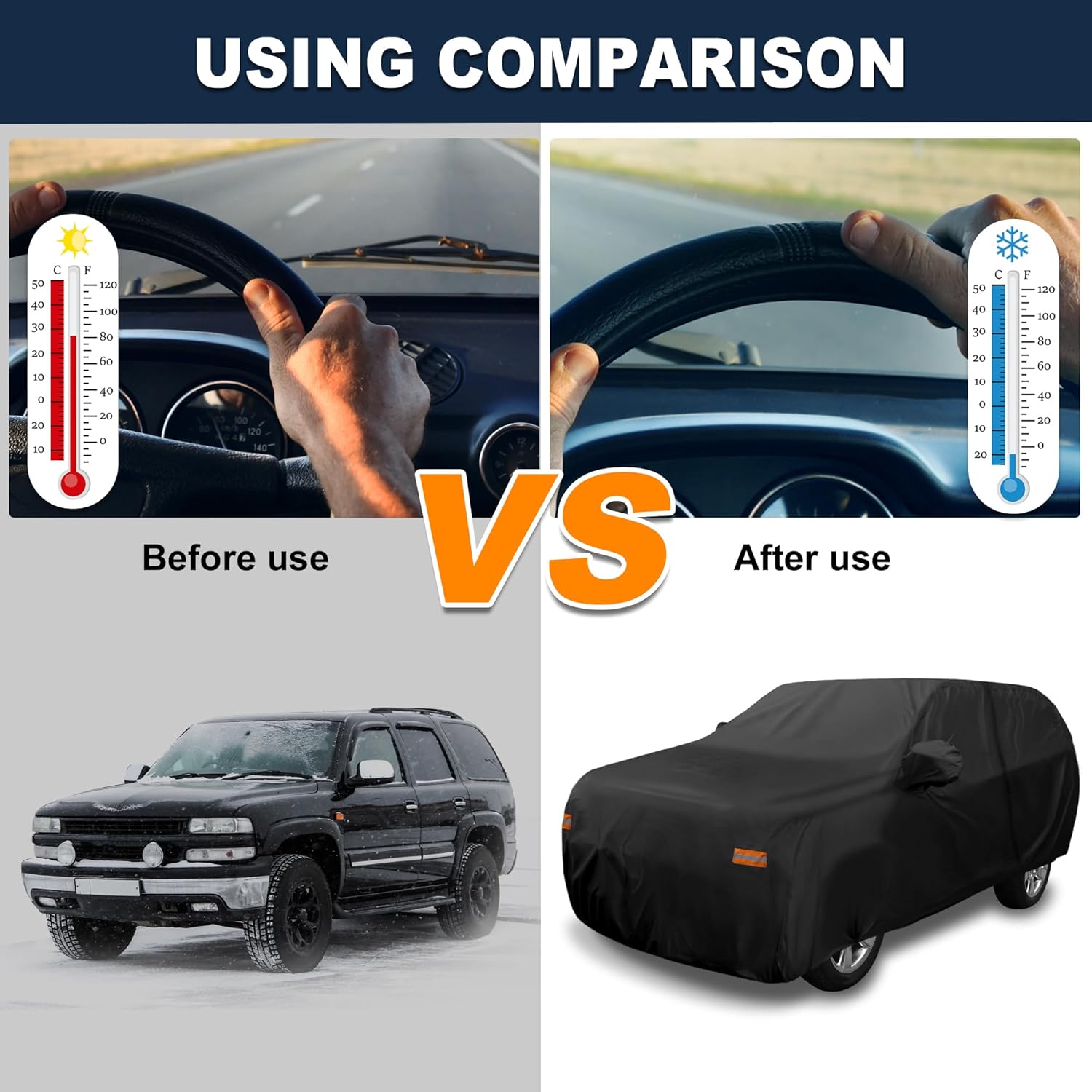 ACROPIX 190T-PU Black Car Cover Waterproof All Weather Full Exterior Cover Rain Hail Sun Protector Car Cover Fit for Chevy Tahoe - Pack of 1