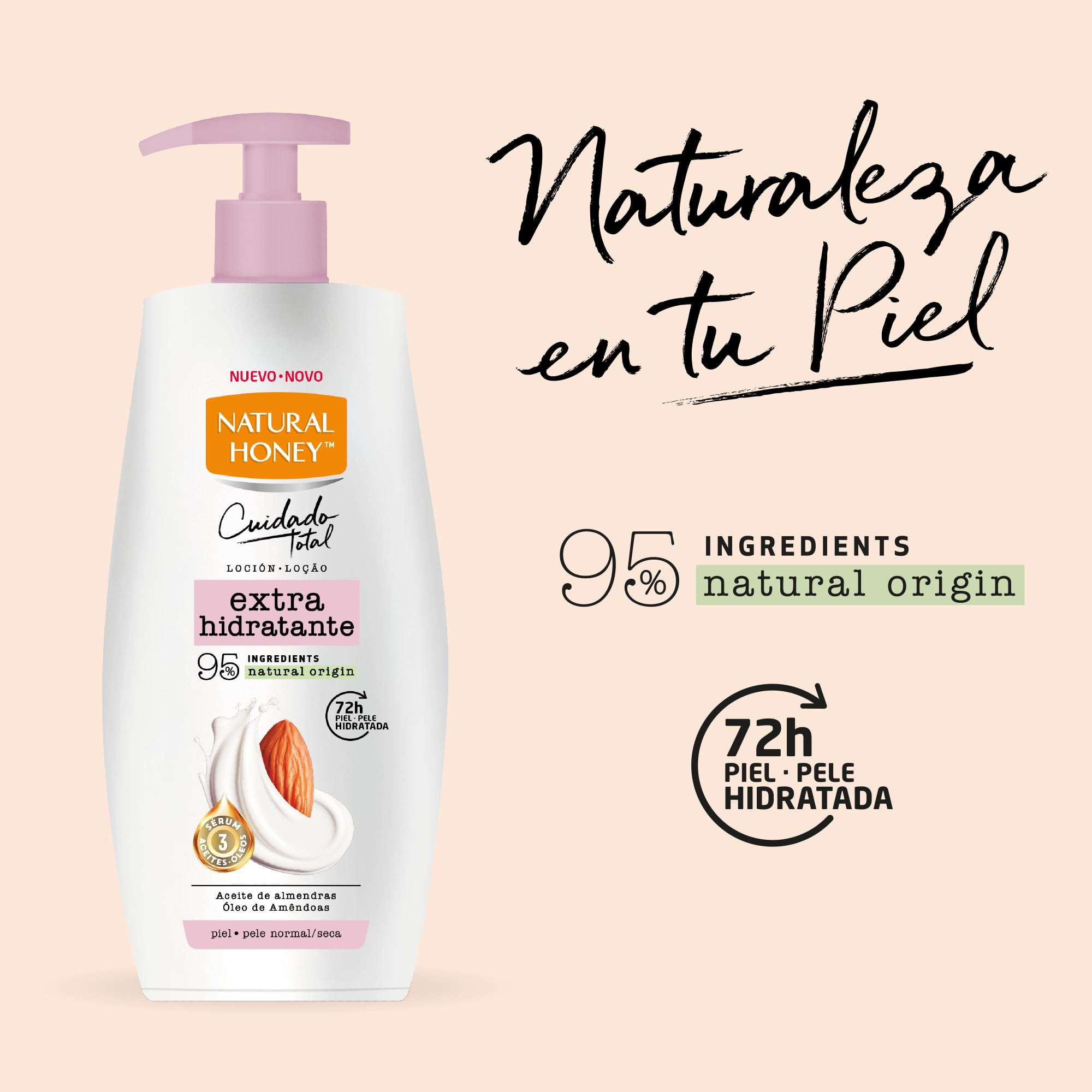 Natural Honey, Loción Corporal Extra Hidratante para Pieles Normales y Secas, 72H de Hidratación Profunda con Aceite de Almendras y Sérum de 3 Aceites, Línea Cuidado Total, 600 ml