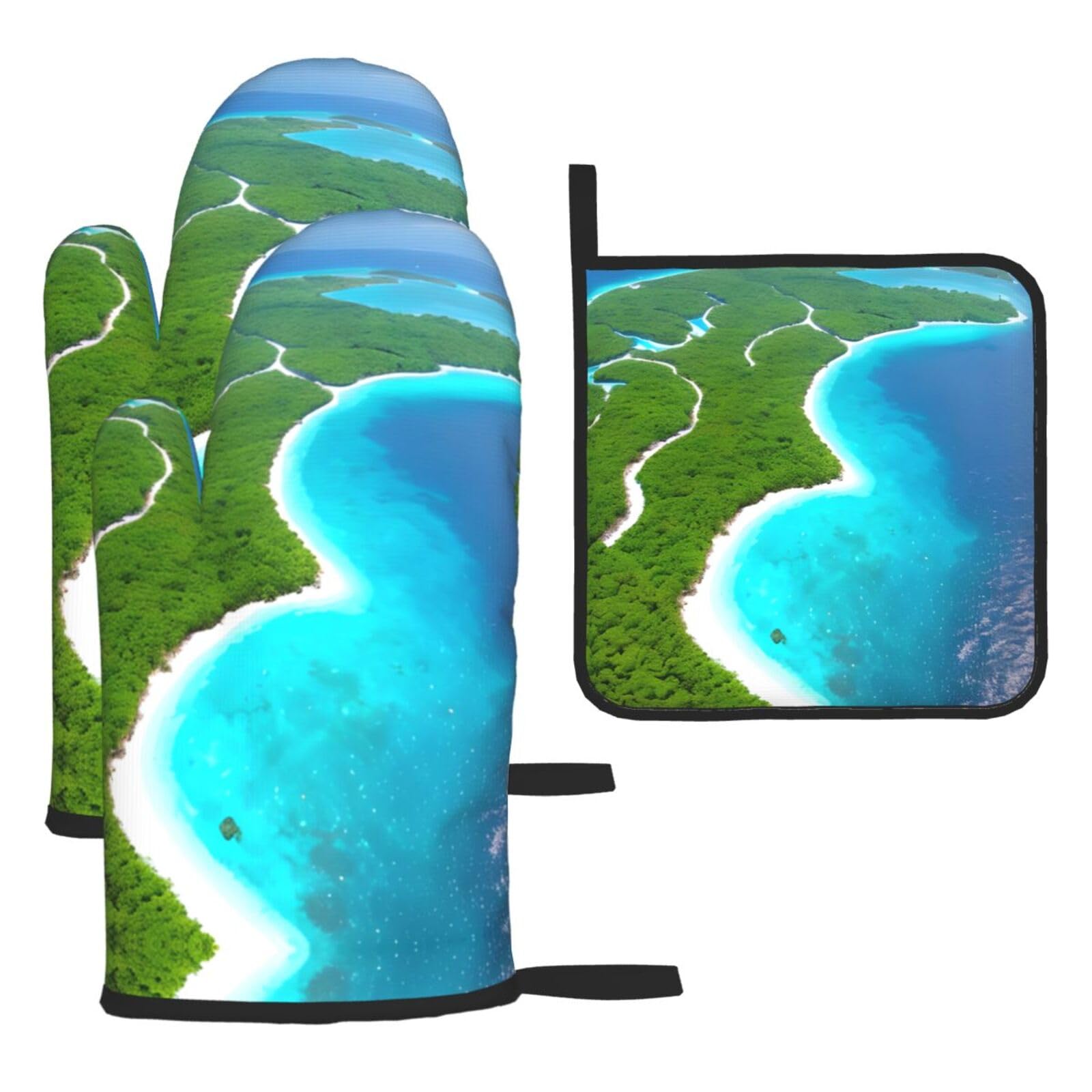 An island in the ocean Oven mittens and oven mitts three-piece set suitable for oven, grilling, baking, microwave and home cooking.