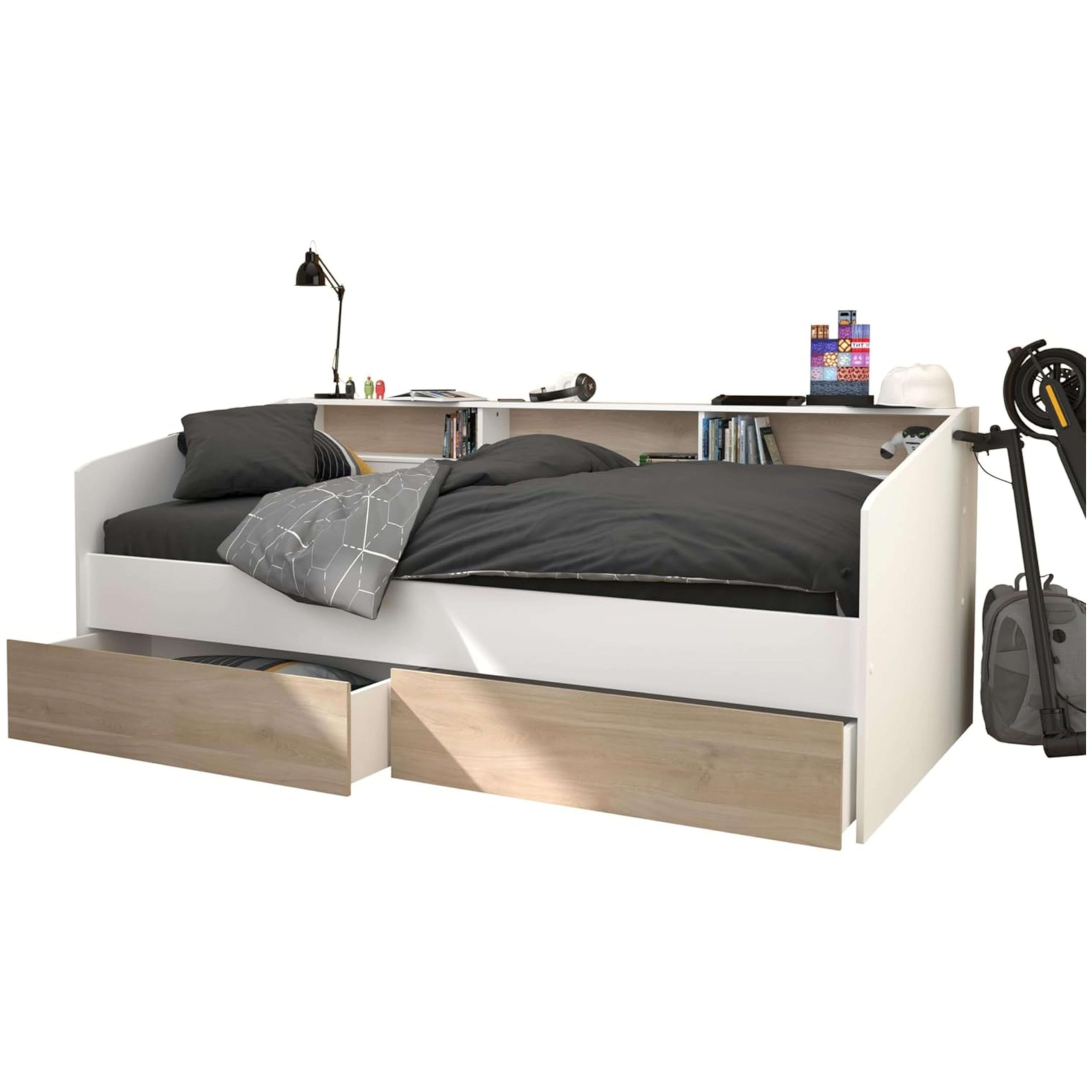 Miroytengo Cama Juvenil Style Color Blanco con cajones Roble Japonés habitacion Infantil Moderna 90x190-200 cm