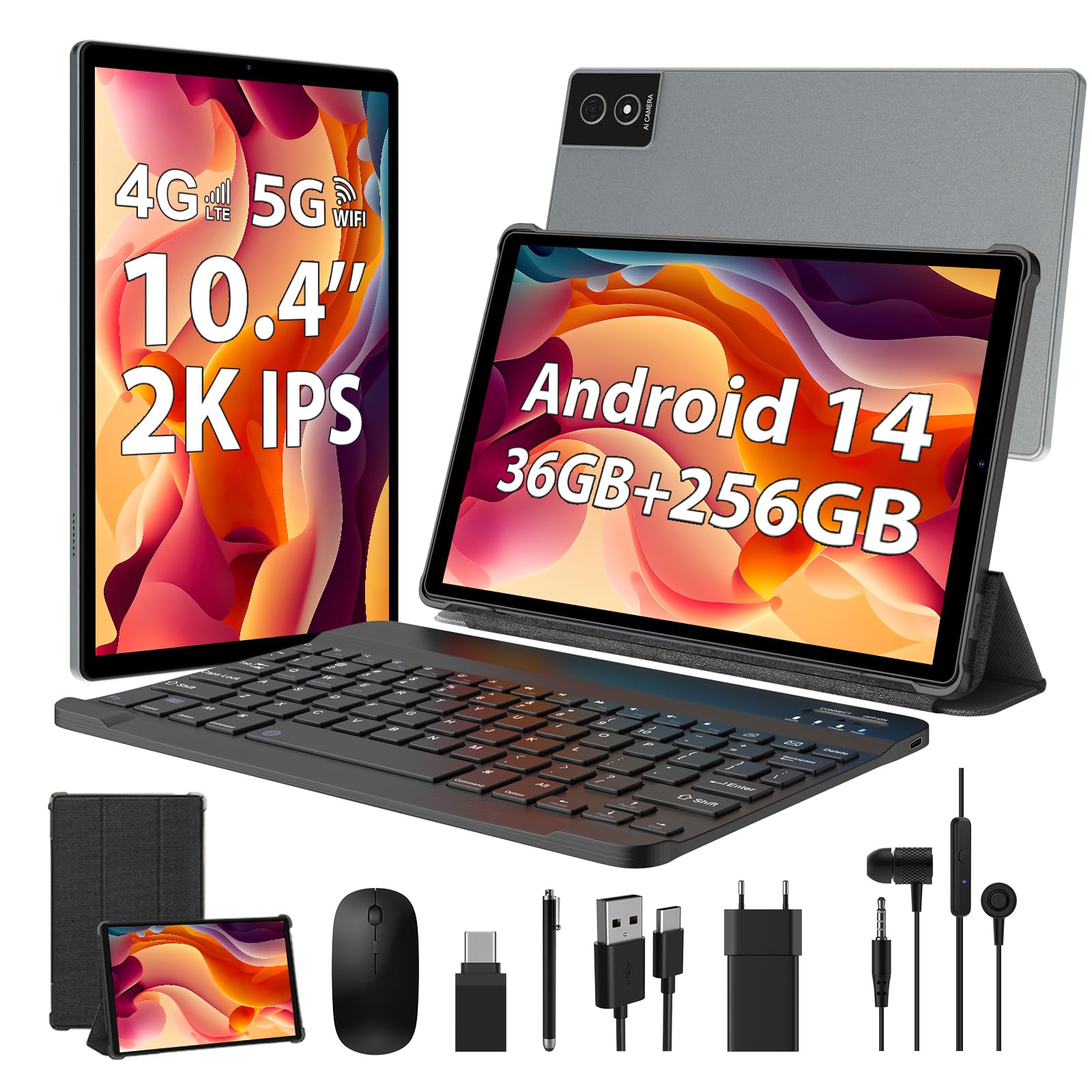 2K Tablet 10.4 Pollici Android 14, 4G LTE+5G WiFi, 36GB RAM+256GB ROM(TF 1TB), Octa-Core, 2000 * 1200/8000mAh/OTG/8MP+13MP/BT5.0/GPS/GMS, Tablet con Tastiera e Mouse, Grigio