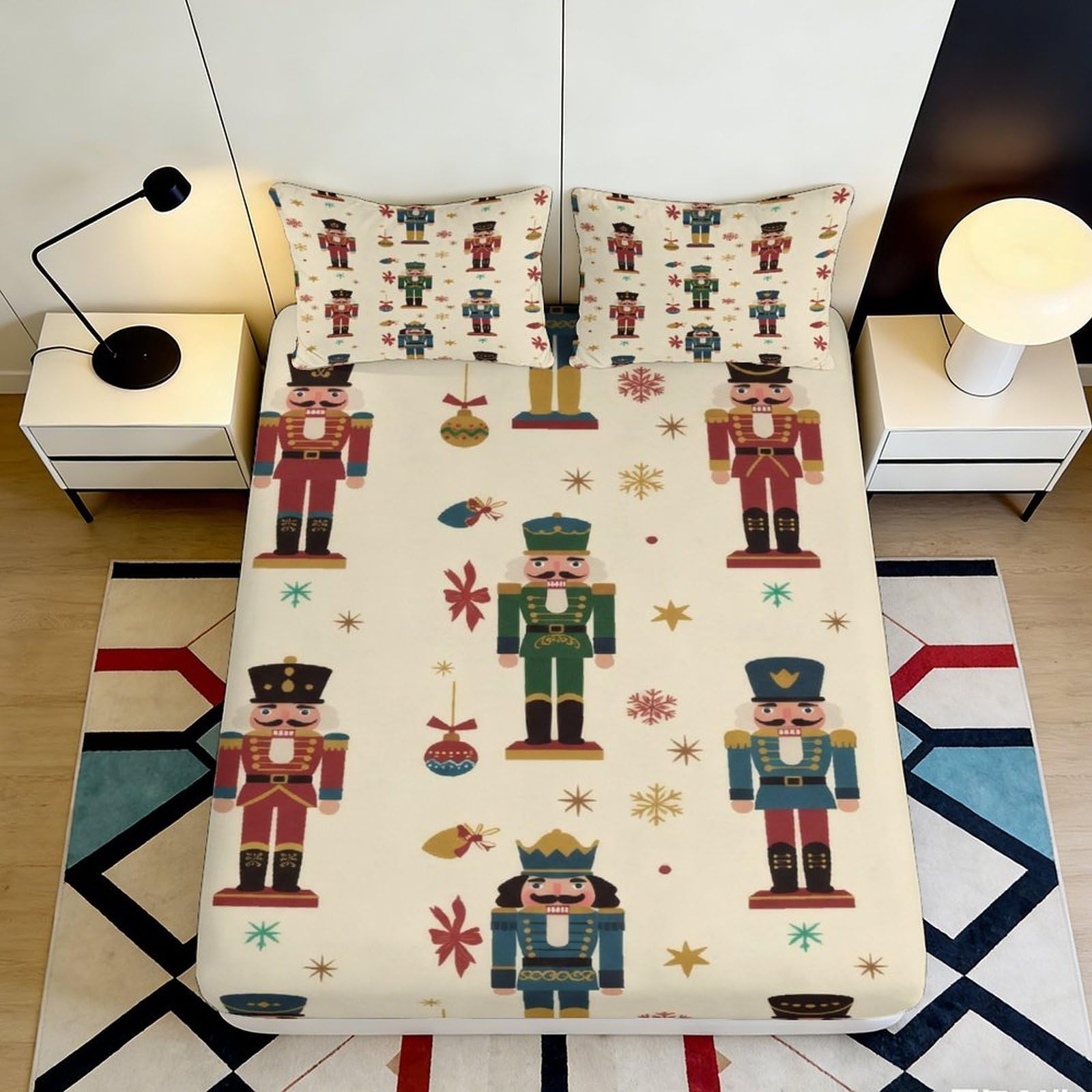 3D Printed Nutcracker Fitted Sheet Microfiber Soft Breathable Christmas Ornaments Bed Cover for Bedroom Dormitory Guest Room Mattress Protection 140x200x25cm
